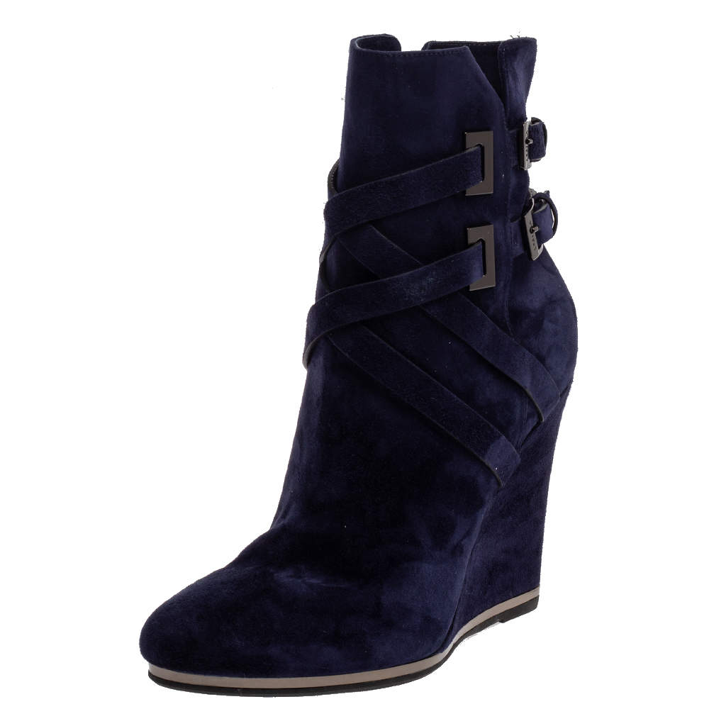 Pre Owned Le Silla Blue Suede Wedge Ankle Boots Size 38.5