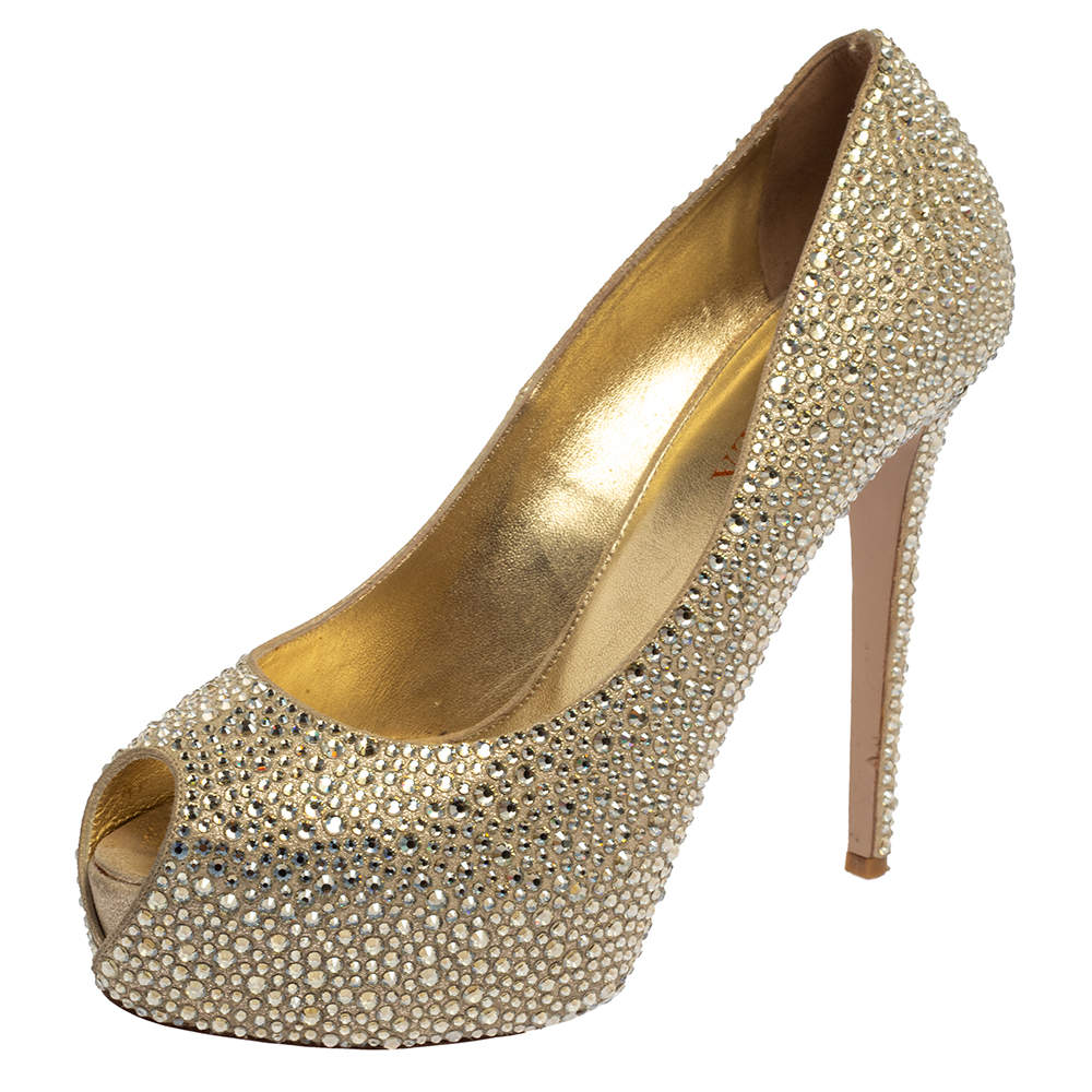Pre Owned Le Silla Metallic Gold Leather Crystal Embellished Peep Toe Platform Pumps Size 40