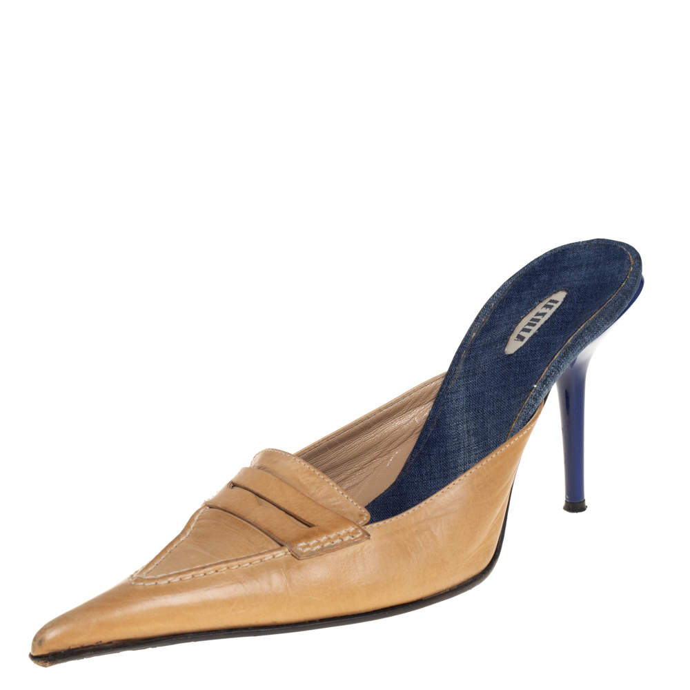 Pre Owned Le Silla Beige Leather Penny Loafer Slide Sandals Size 38.5