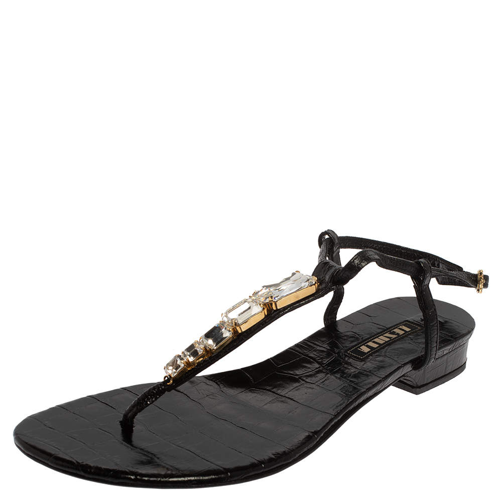 Pre Owned Le Silla Black Patent Leather Crystal Embellished Thong Sandals Size 37.5