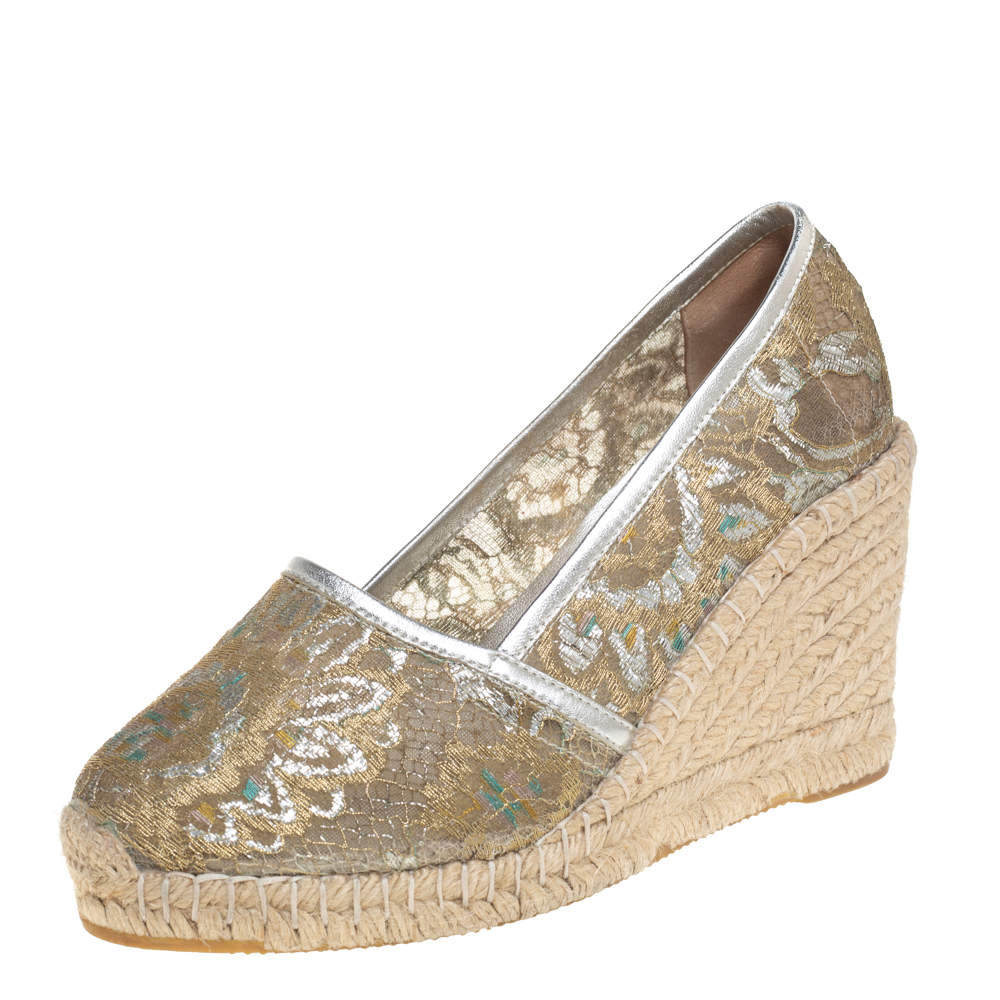 Pre Owned Le Silla Metallic Silver/Gold Lace Espadrille Wedge Pumps Size 37