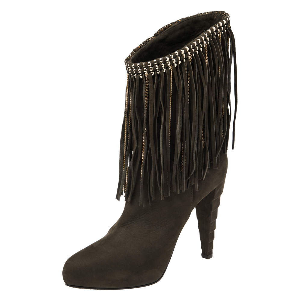 Le Silla Dark Green Suede Chain Embellished Mid Calf Length Boots Size 38