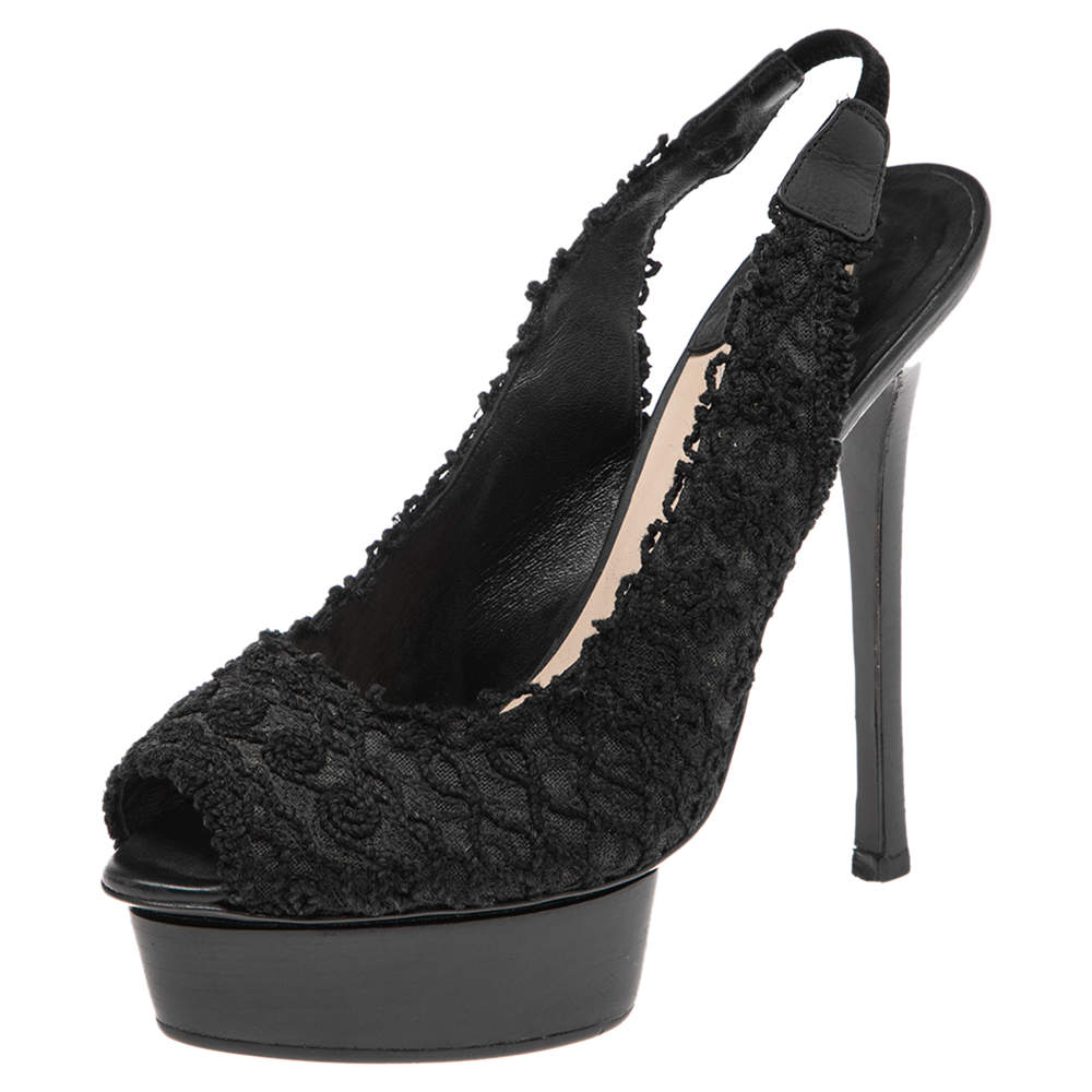 Le Silla Black Mesh And Net  Slingback Peep Toe Platform Sandals Size 37