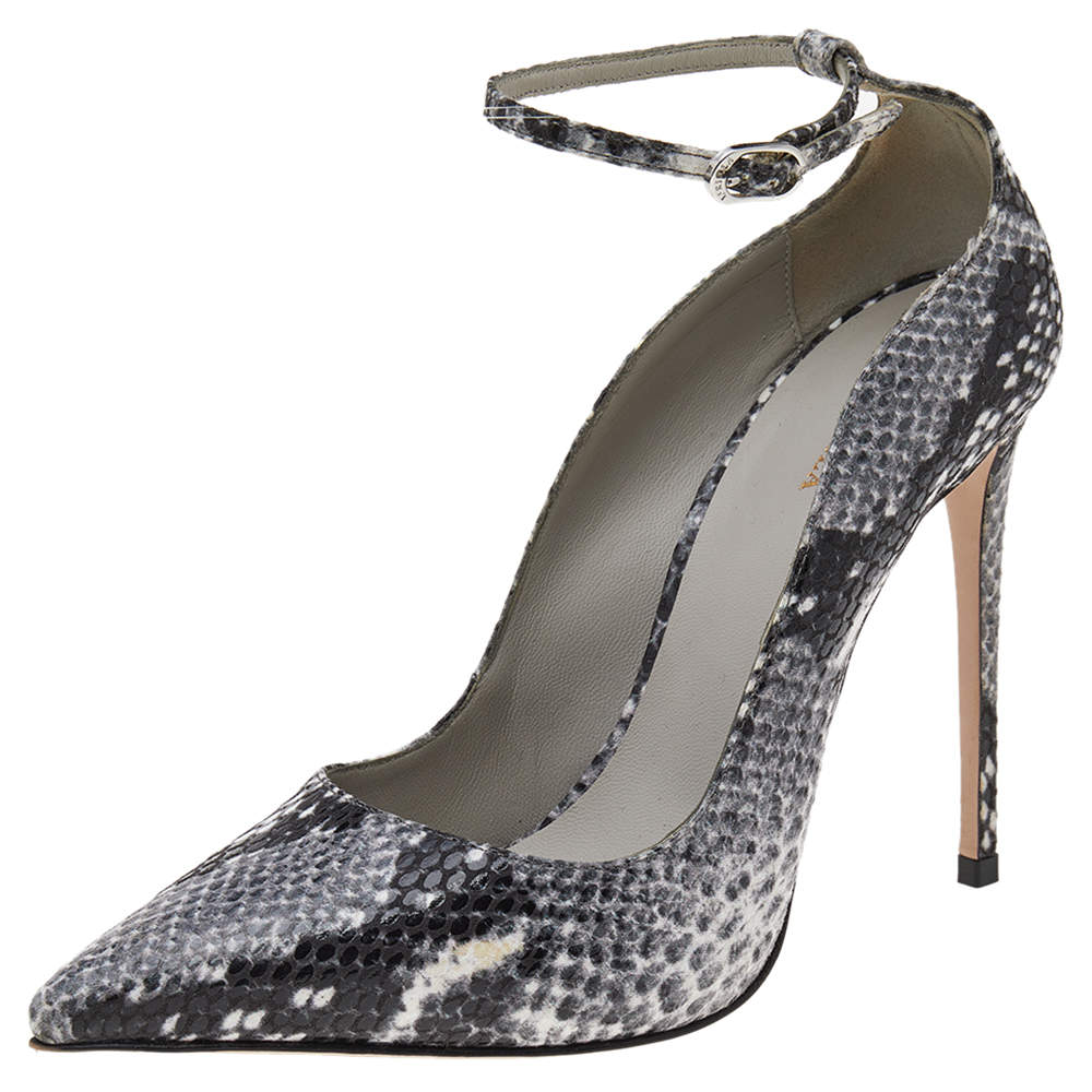 Pre Owned Le Silla Grey Snake Print Leather Ankle Strap Pointed Toe Pumps Size 36