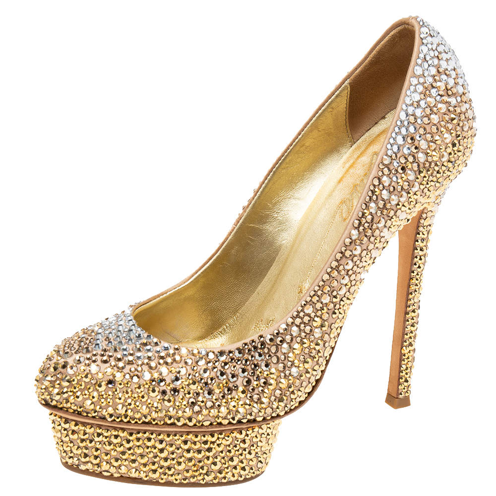 Pre Owned Le Silla Gold Crystal Embellished Satin Platform Pumps Size 38