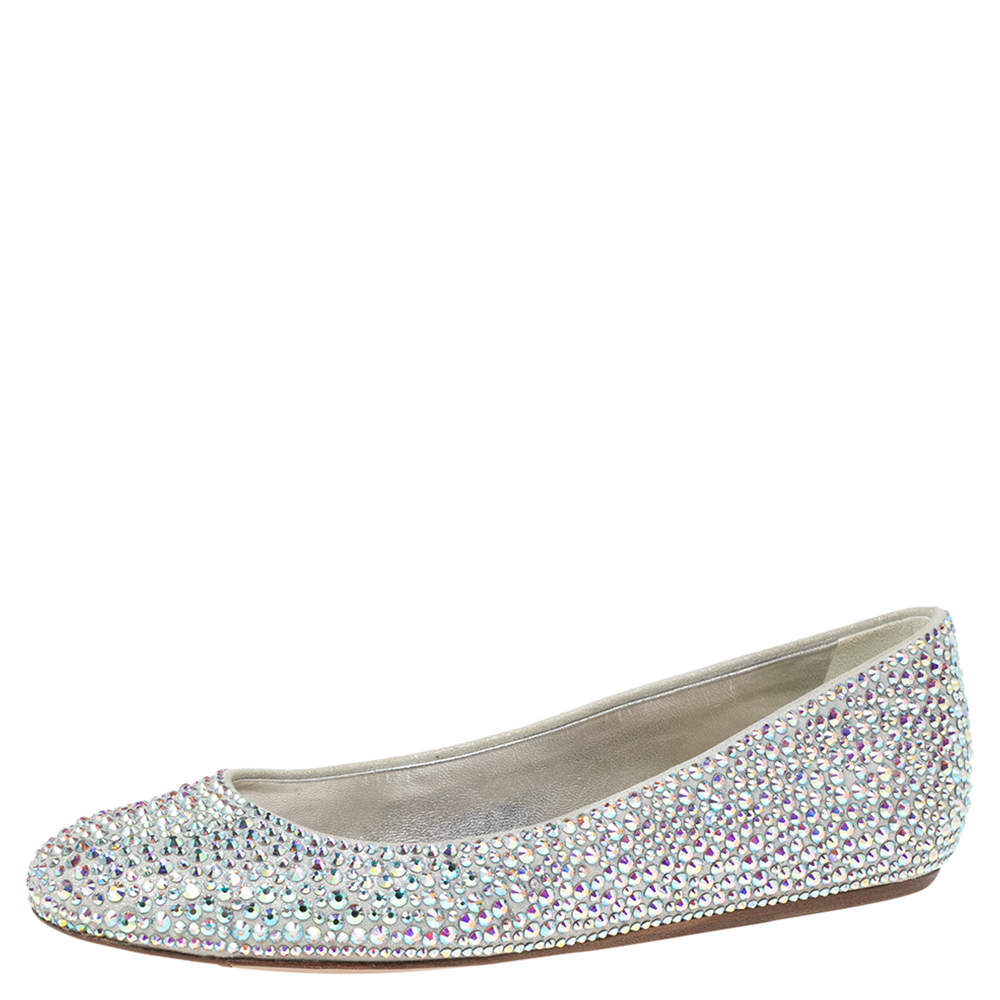 Pre Owned Le Silla Grey Satin Crystal Embellished Ballet Flats Size 37.5