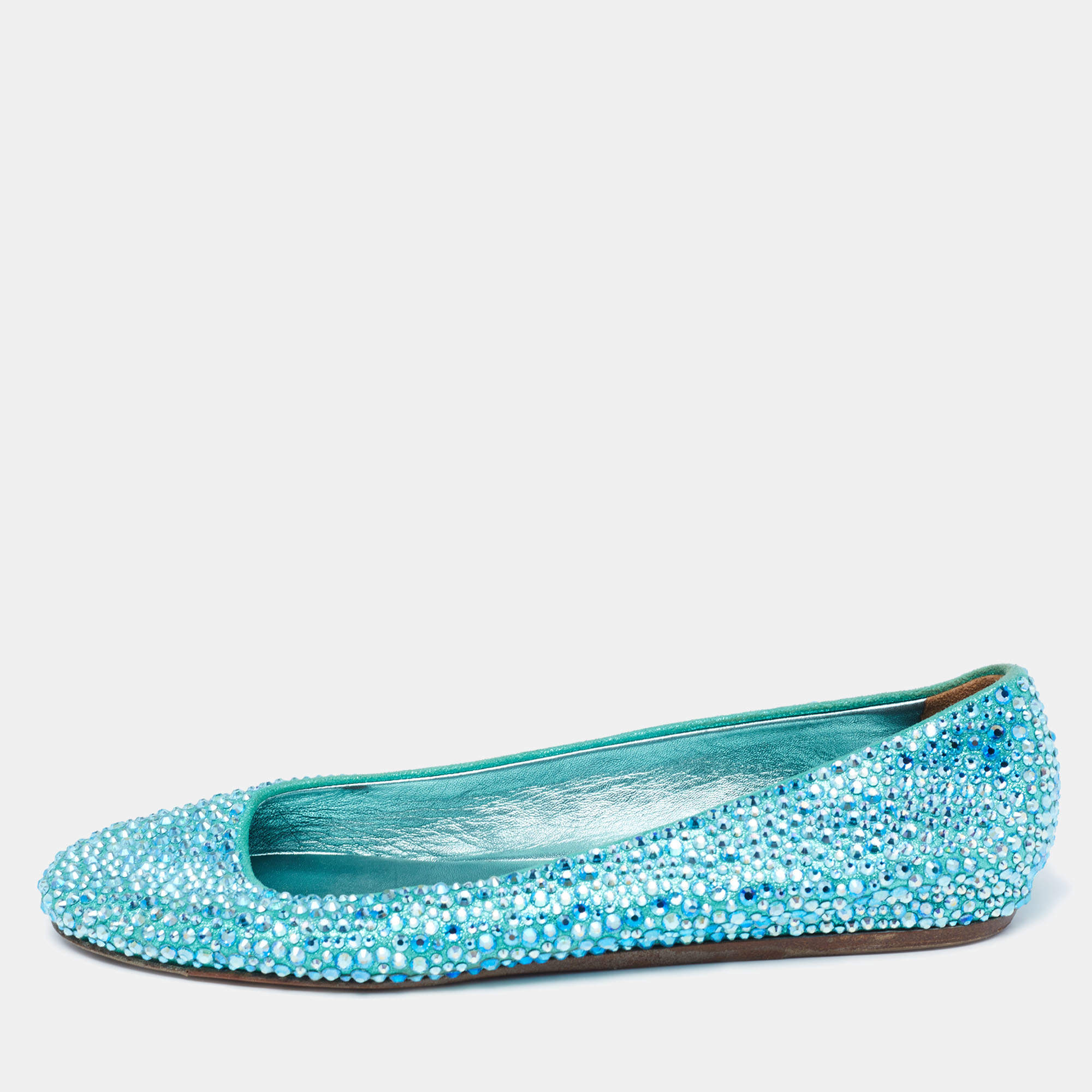 Pre Owned Le Silla Metallic Blue Suede Crystal Embellished Ballet Flats Size 37