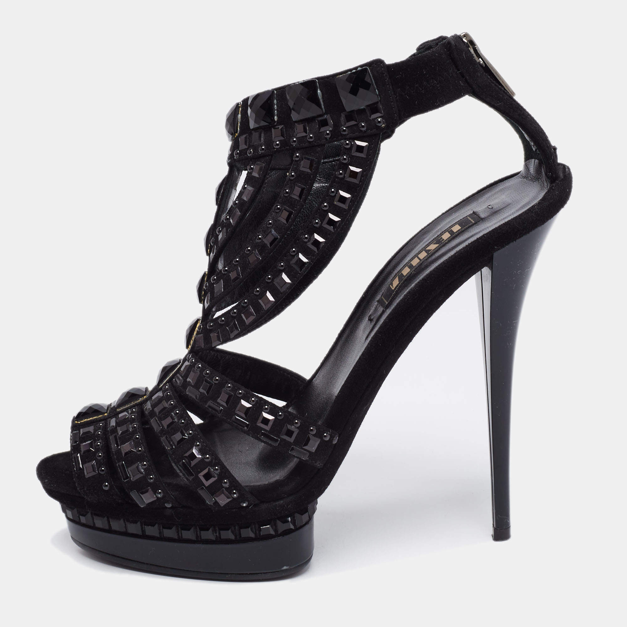 Le Silla Black Suede T Strap Embellished Platform Sandals Size 36.5