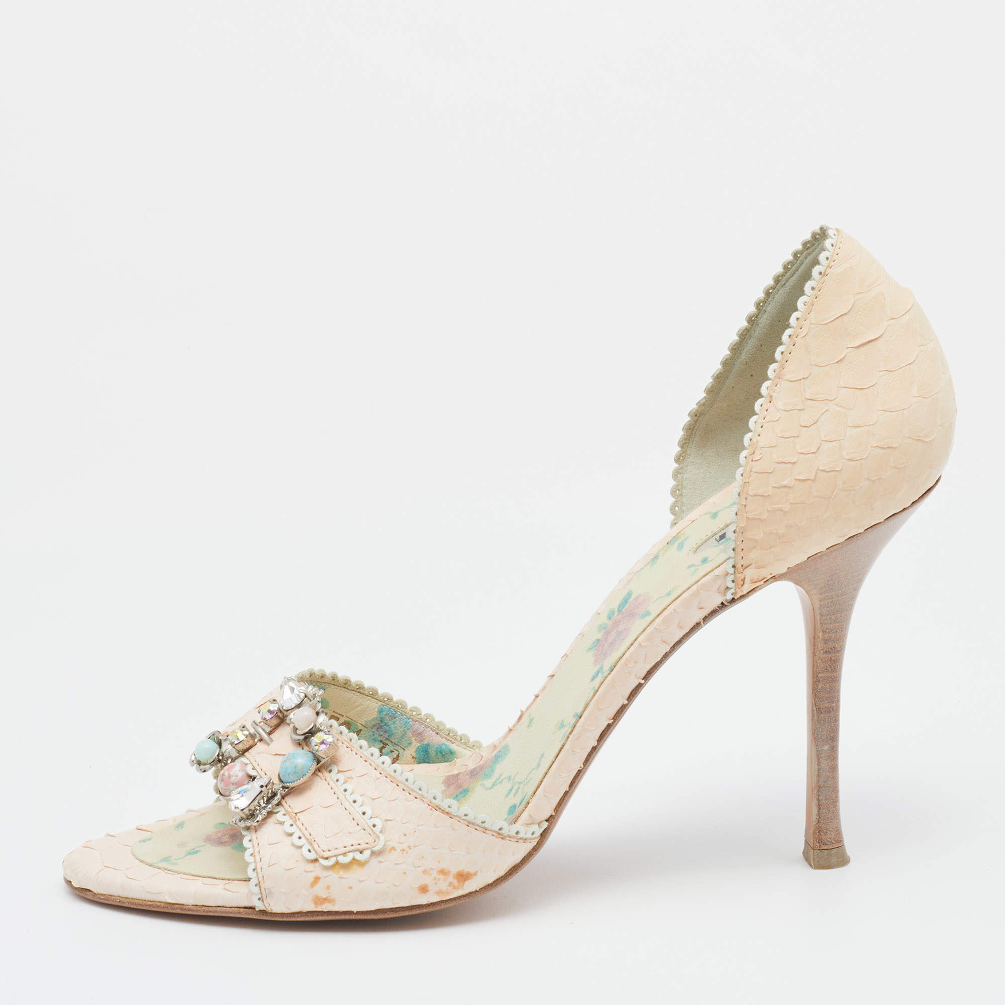 Le Silla Pale Pink Python Leather Embellished D'orsay Open Toe Pumps Size 39