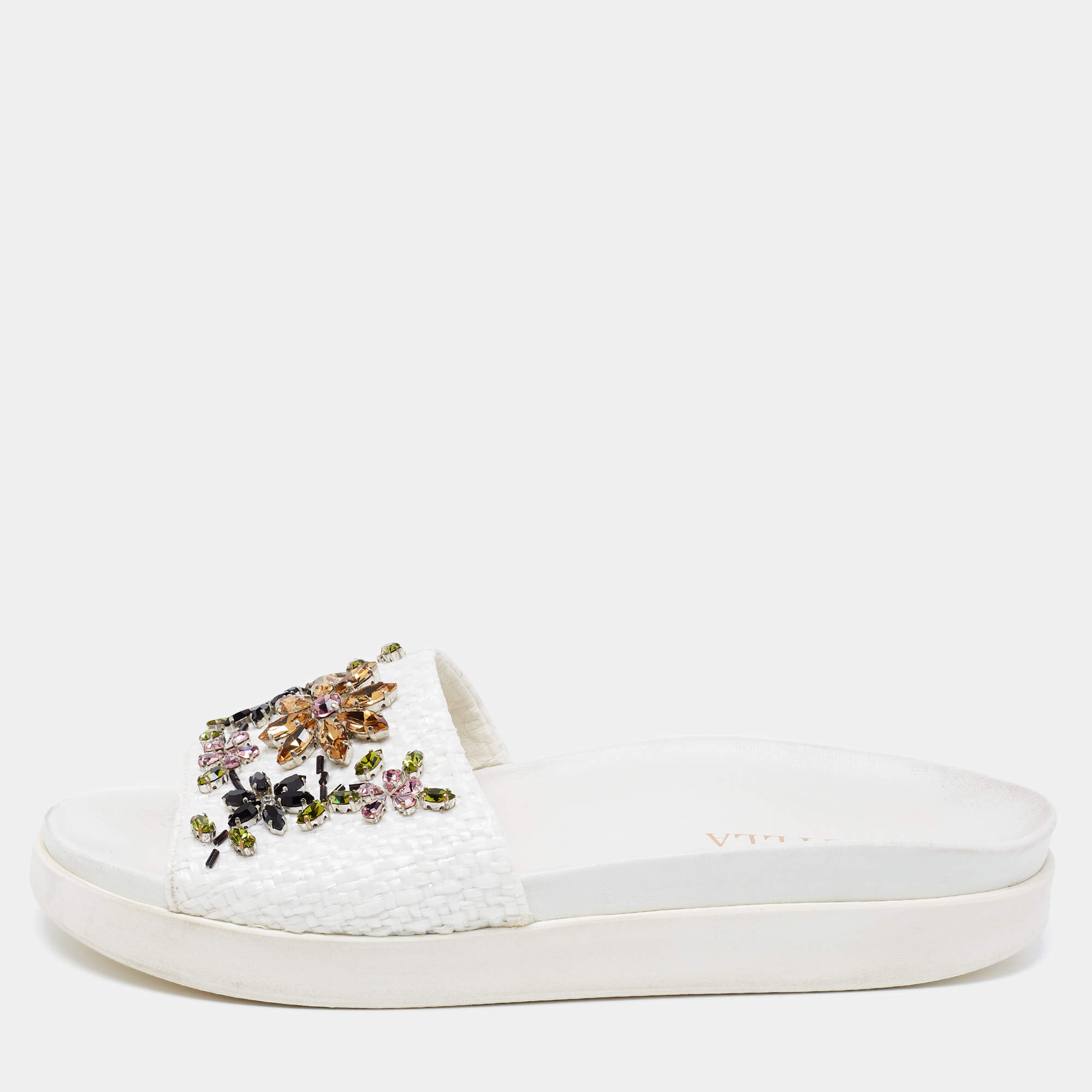 Pre Owned Le Silla White Woven Straw Crystal Embellished Flat Slide Sandals Size 38
