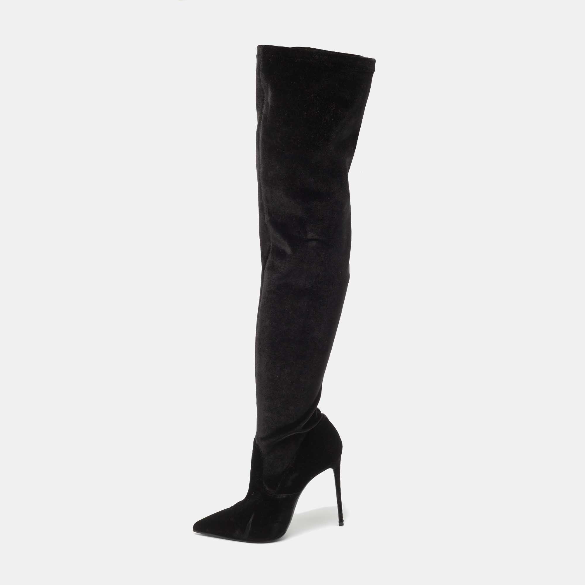 Pre Owned Le Silla Black Velvet Pointed Toe Knee Length Boots Size 38