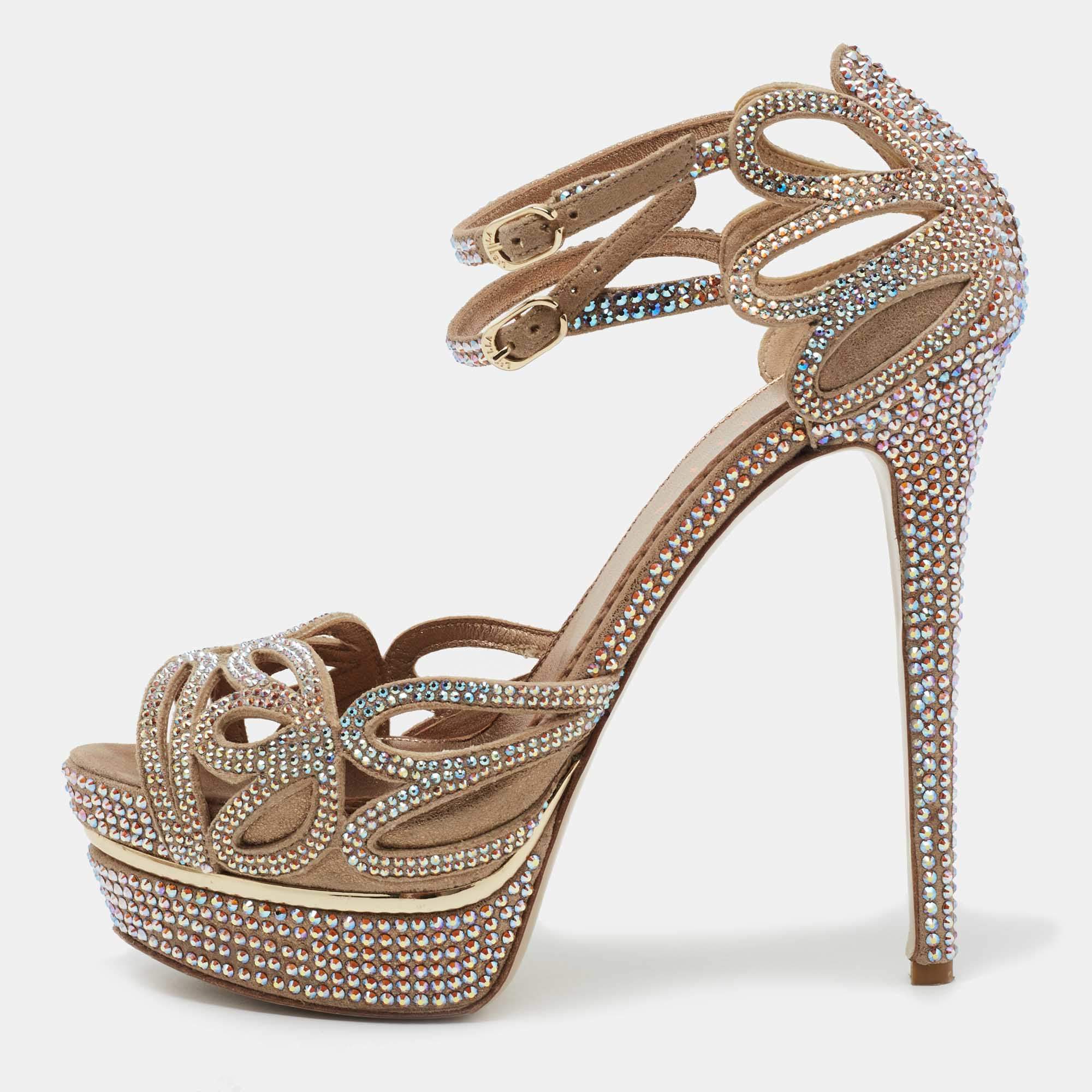 Le Silla Beige Suede Embellished Ankle Strap Sandals Size 36