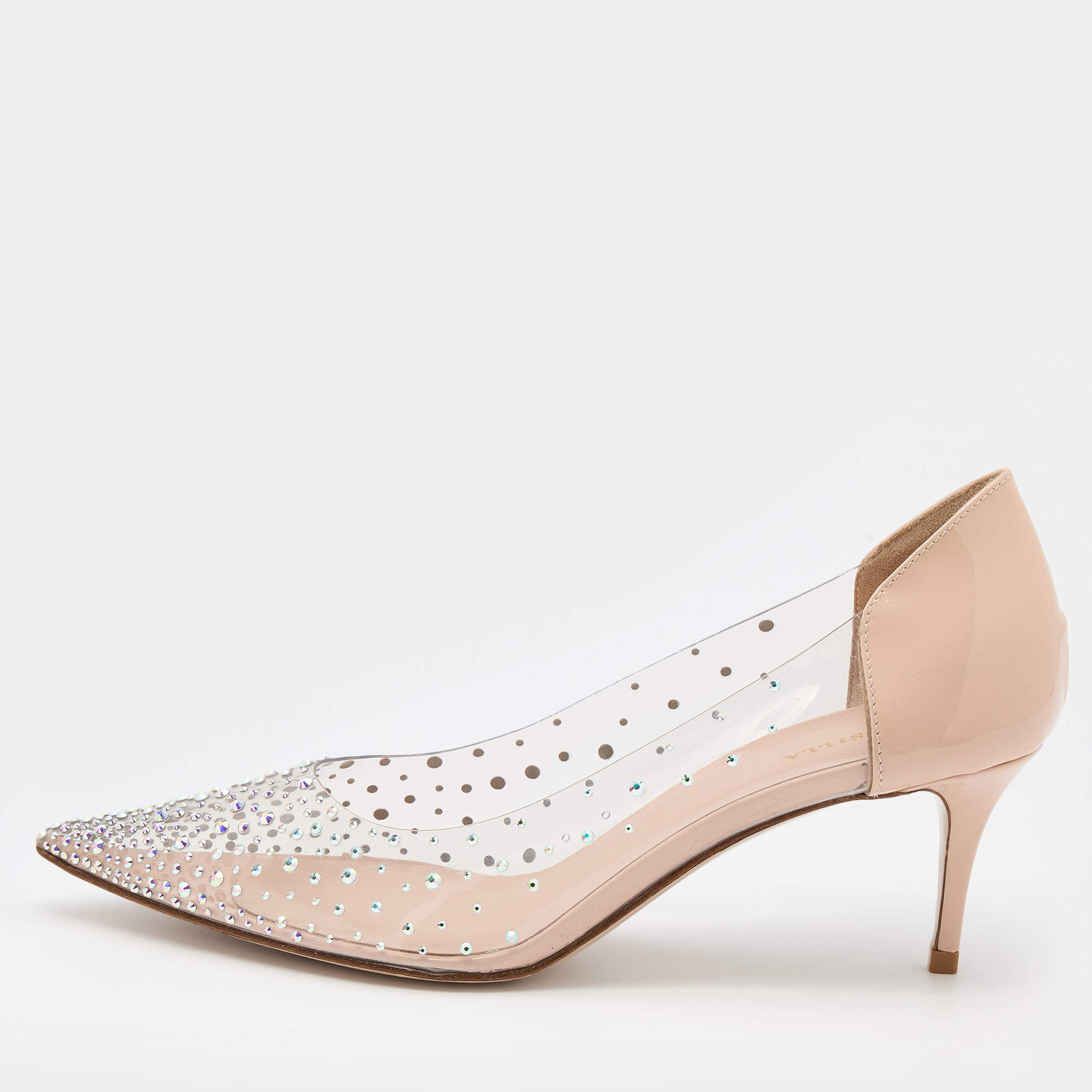 Pre Owned Le Silla Light Beige Patent Leather and PVC Crystal Embellished Pumps Size 37.5