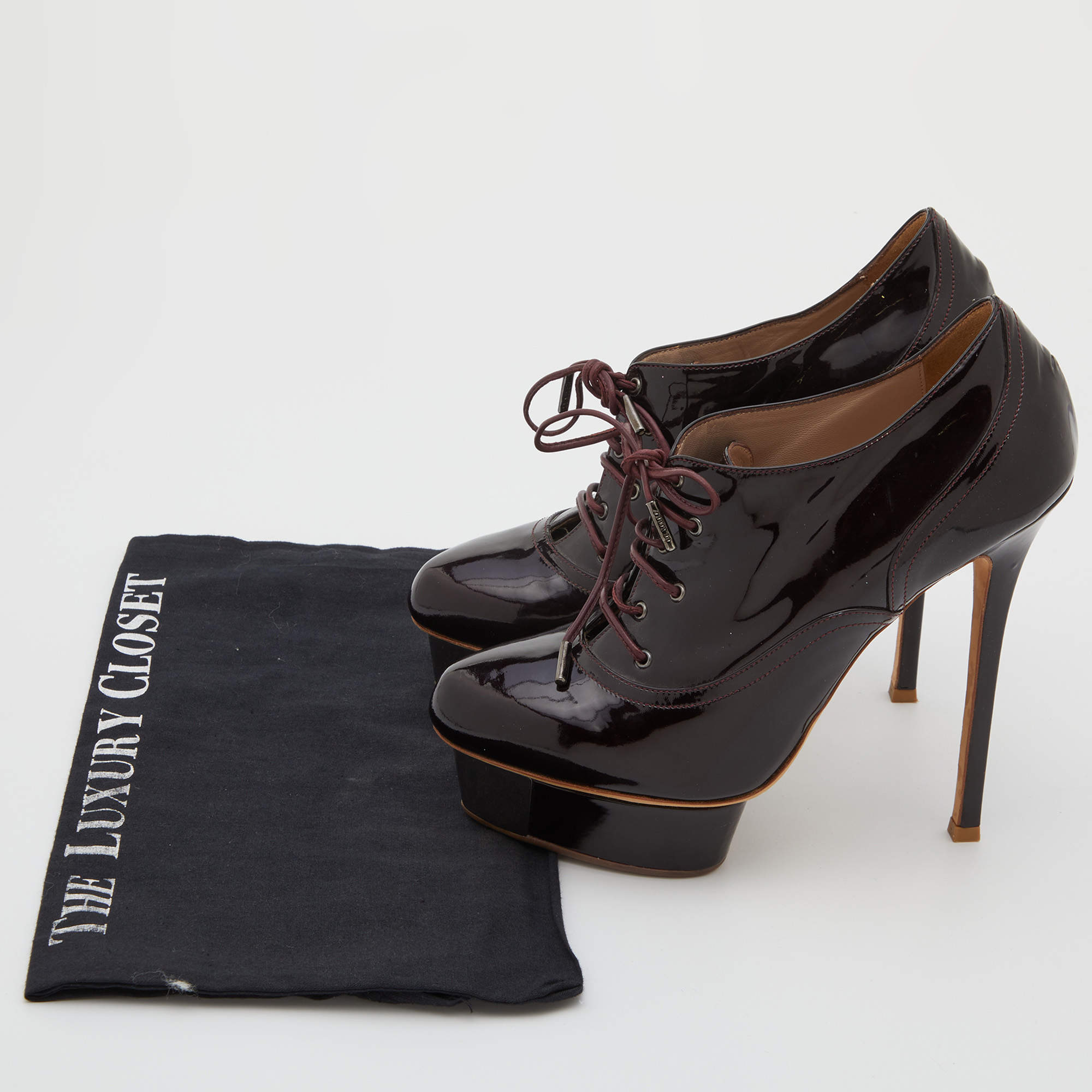 Pre Owned Le Silla Dark Brown Patent Leather Lace Up Oxford Platform Booties Size 38