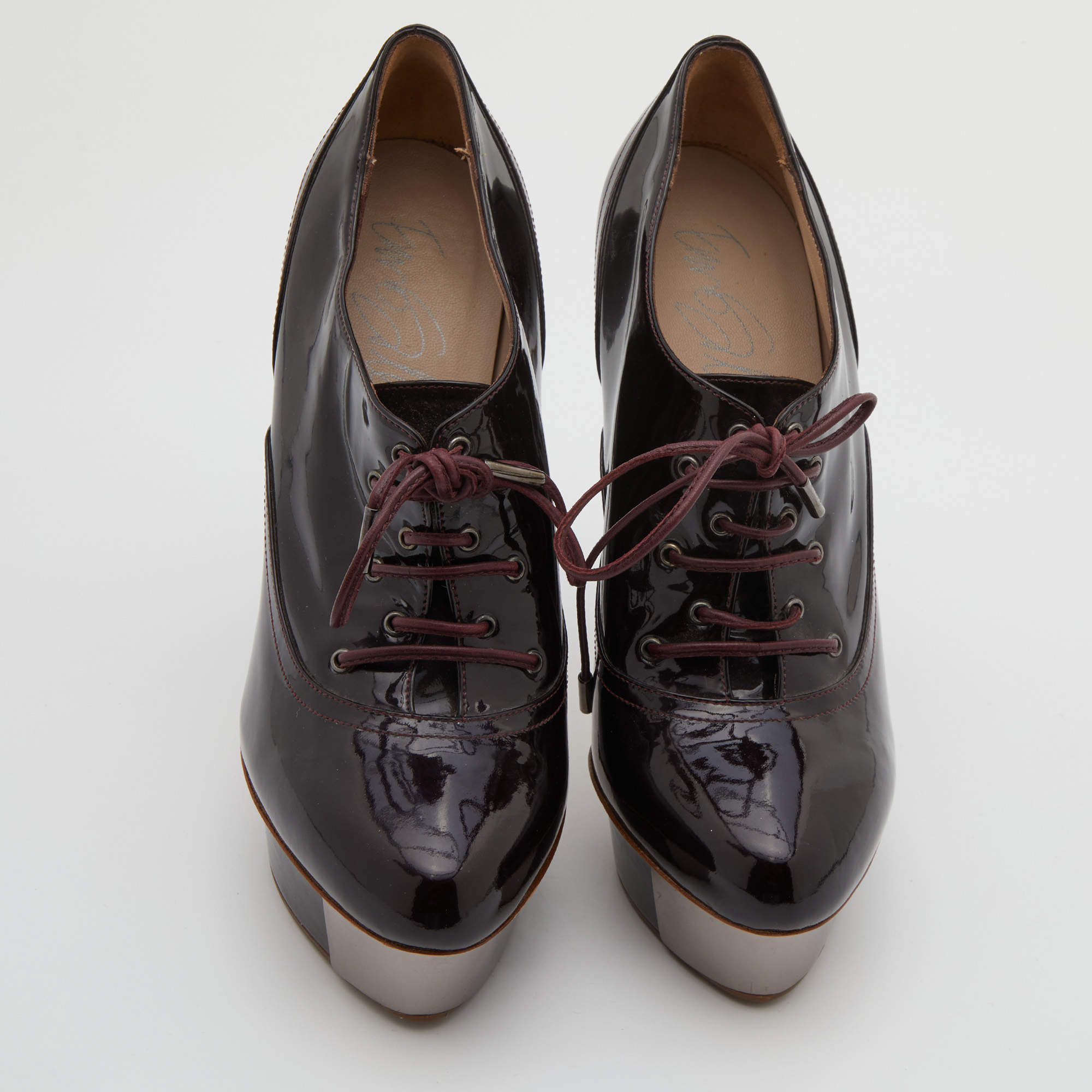 Pre Owned Le Silla Dark Brown Patent Leather Lace Up Oxford Platform Booties Size 38