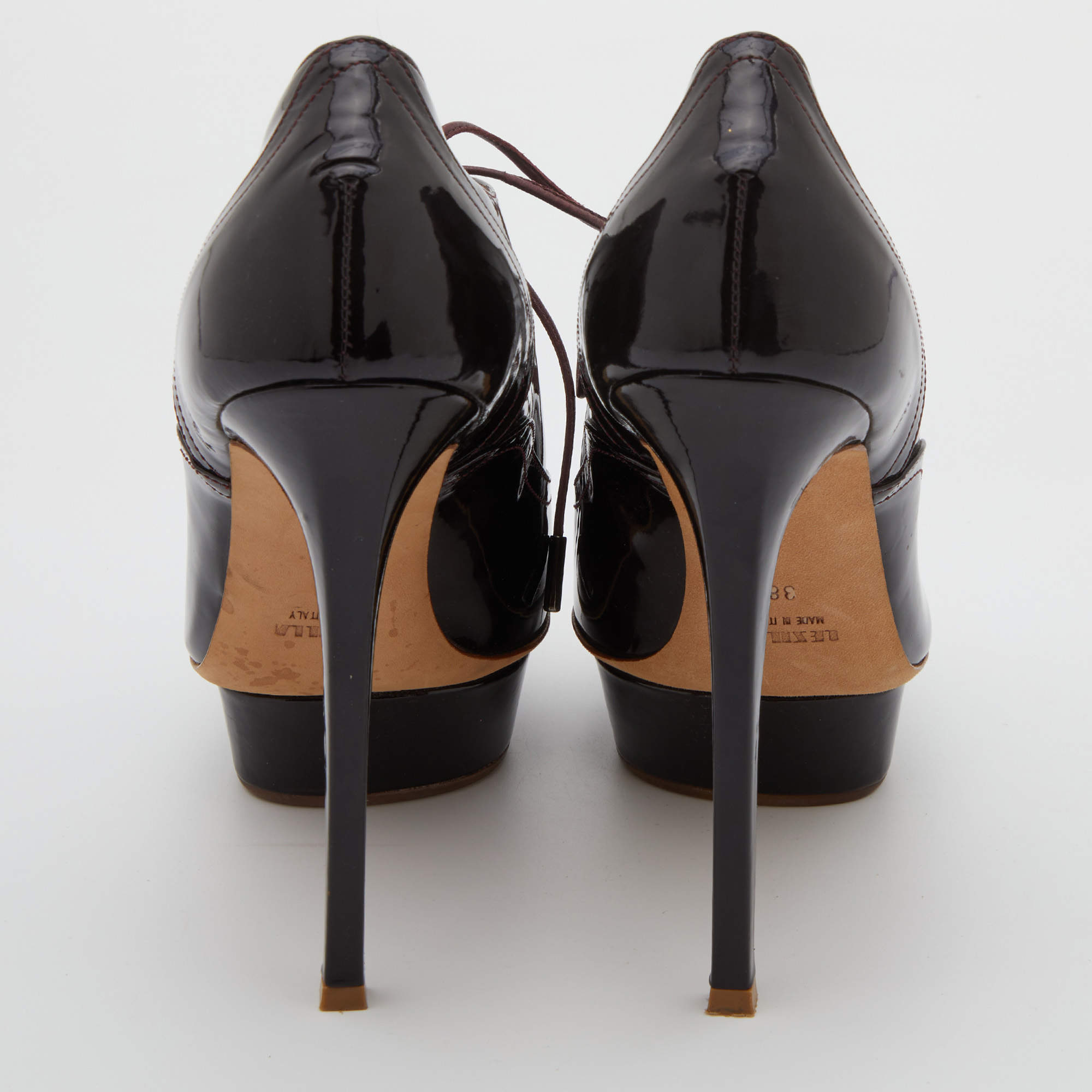 Pre Owned Le Silla Dark Brown Patent Leather Lace Up Oxford Platform Booties Size 38