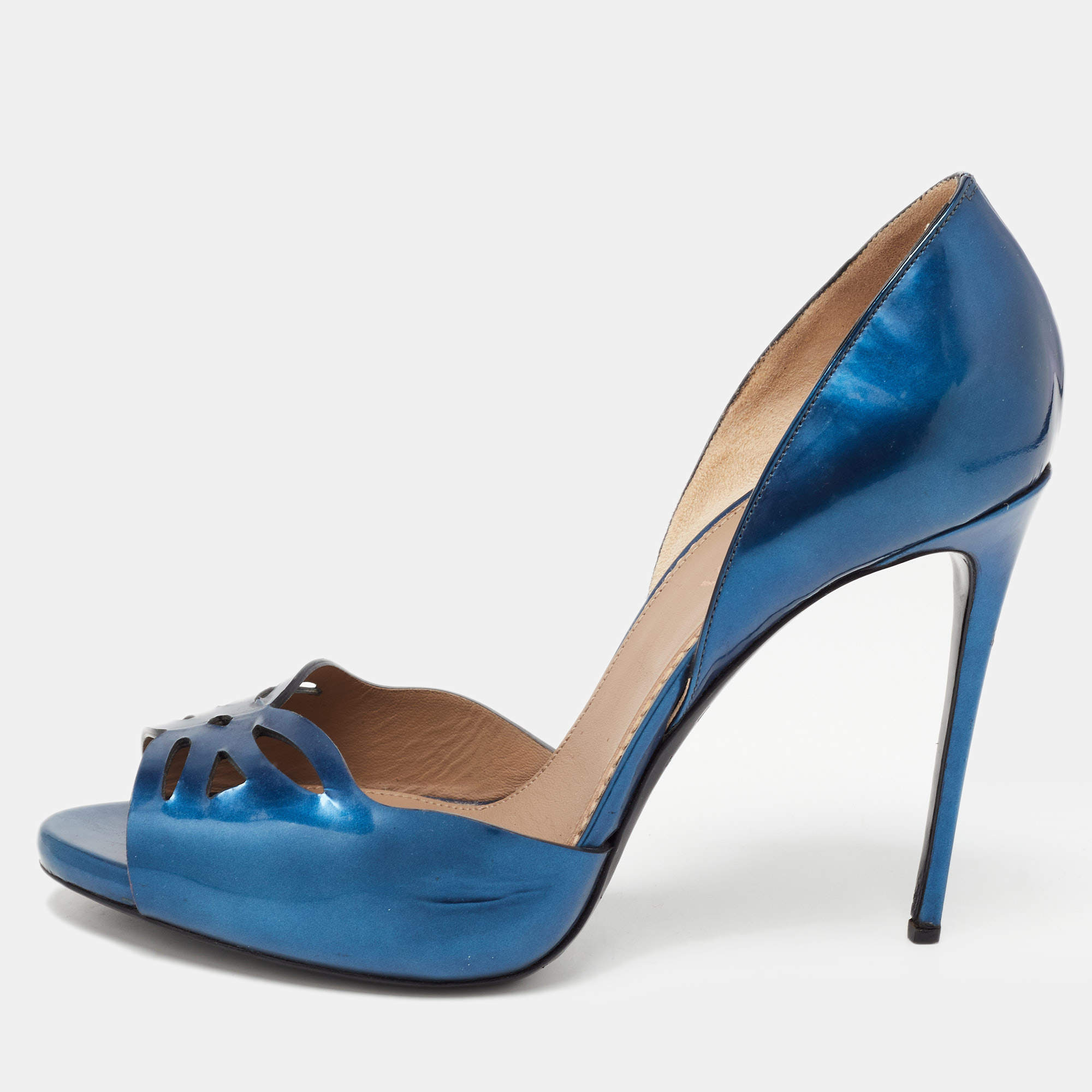 Pre Owned Le Silla Metallic Blue Leather Laser Cut Open Toe D'orsay Pumps Size 38.5