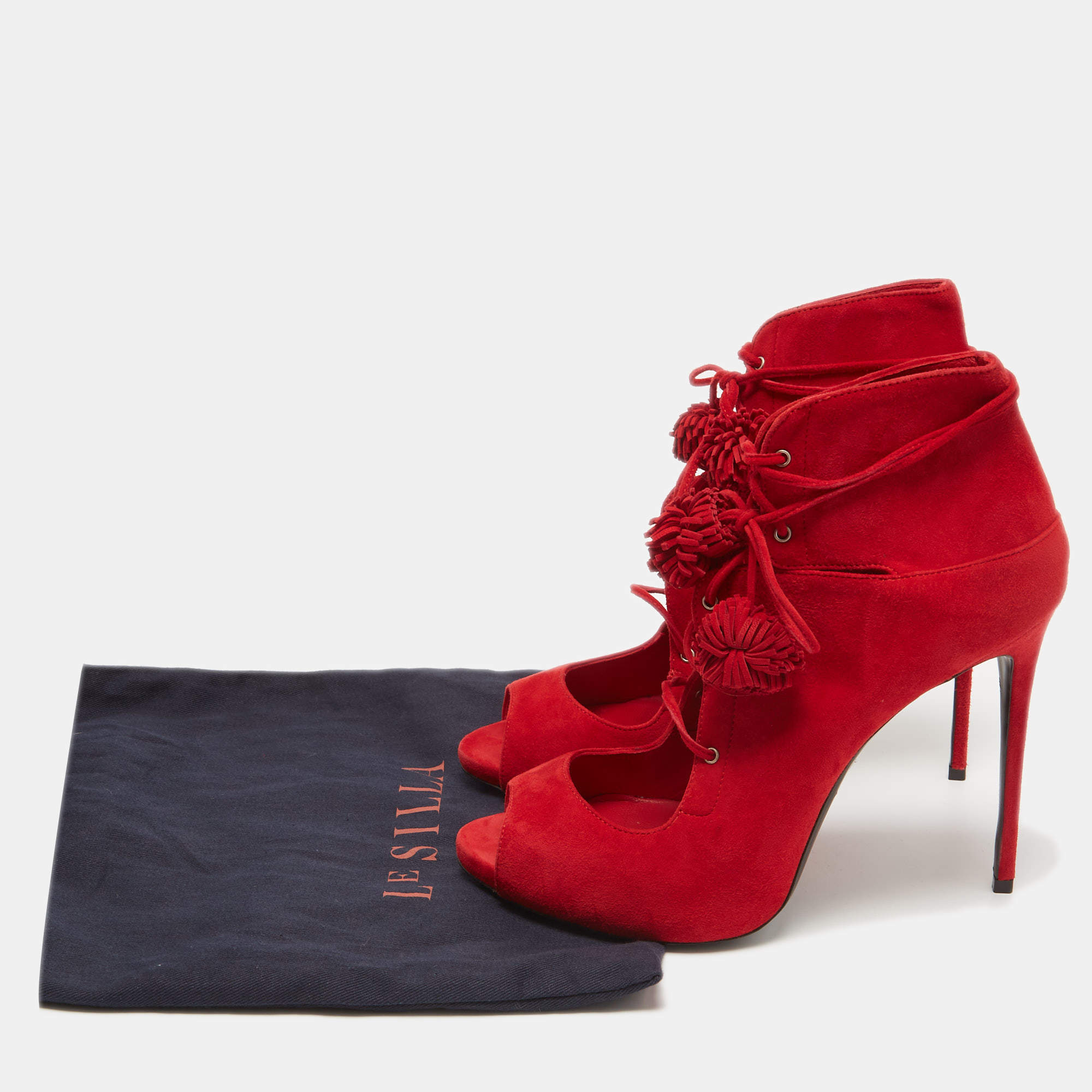 Pre Owned Le Silla Red Suede Lace Up Peep Toe Ankle Boots Size 40