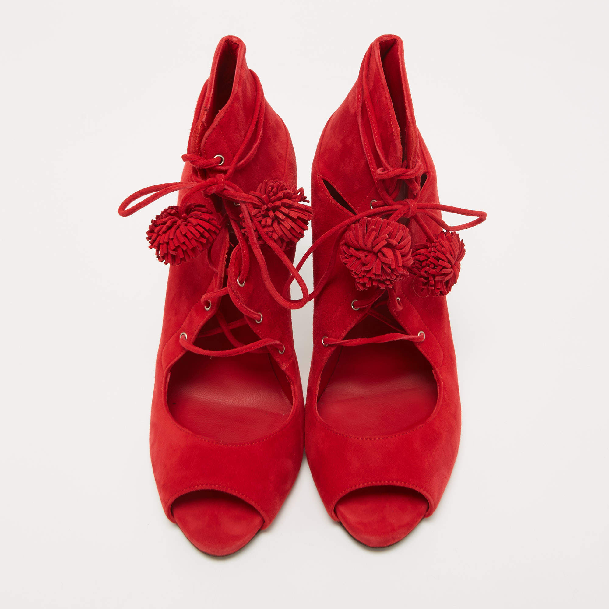 Pre Owned Le Silla Red Suede Lace Up Peep Toe Ankle Boots Size 40
