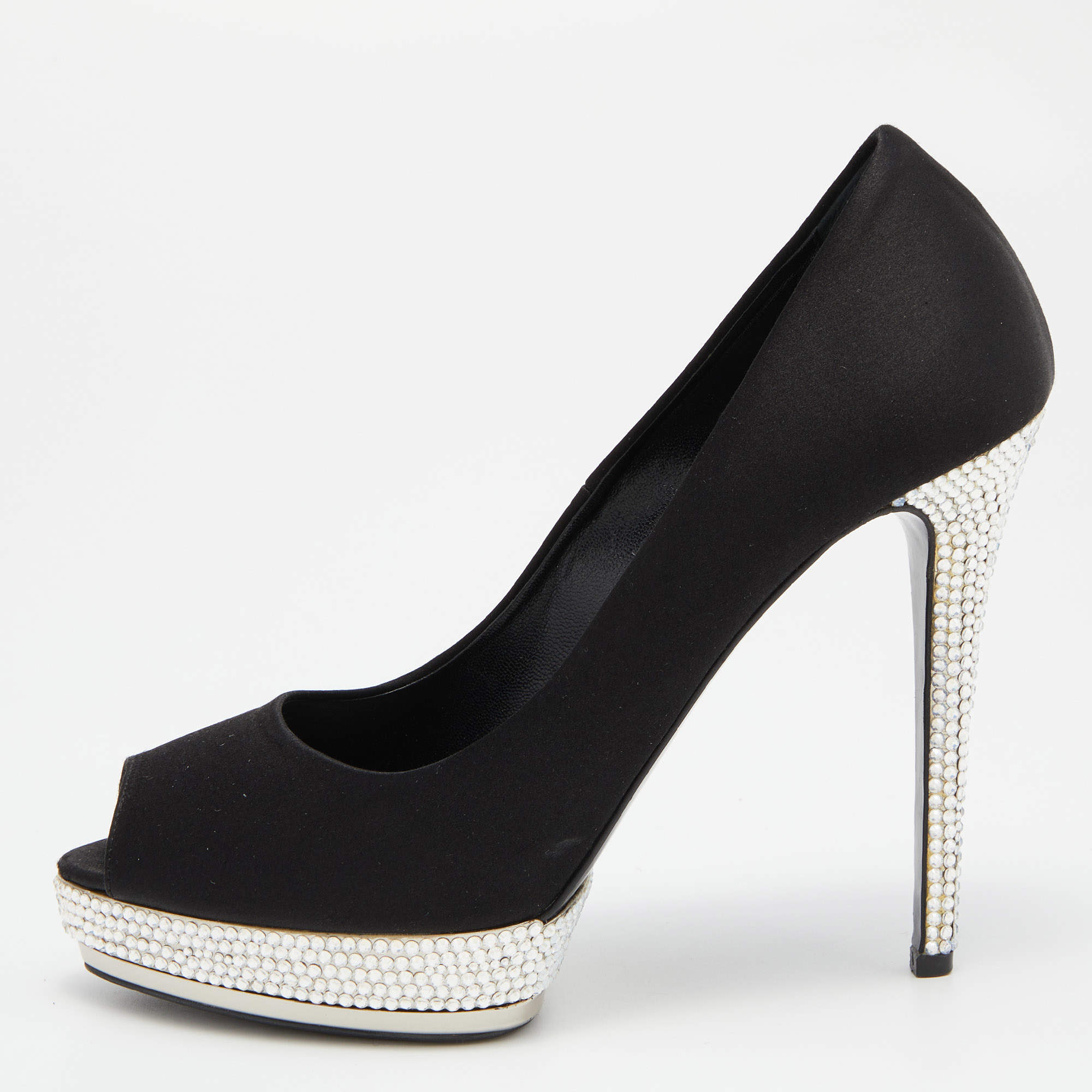 Pre Owned Le Silla Black Satin Crystal Embellished Platform Peep Toe Pumps Size 38