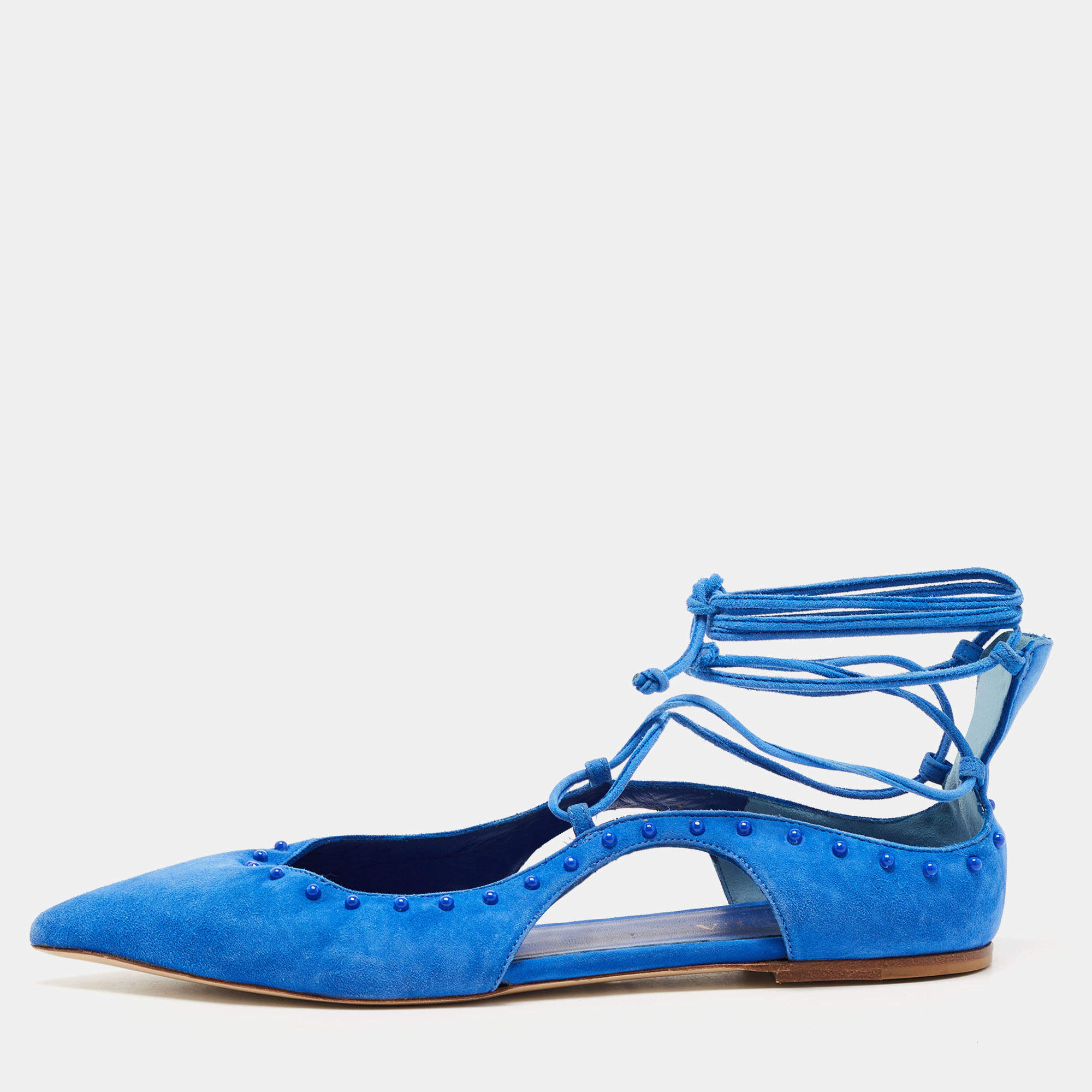 Le Silla Blue Suede Beaded Ankle Tie Ballet Flats Size 37.5