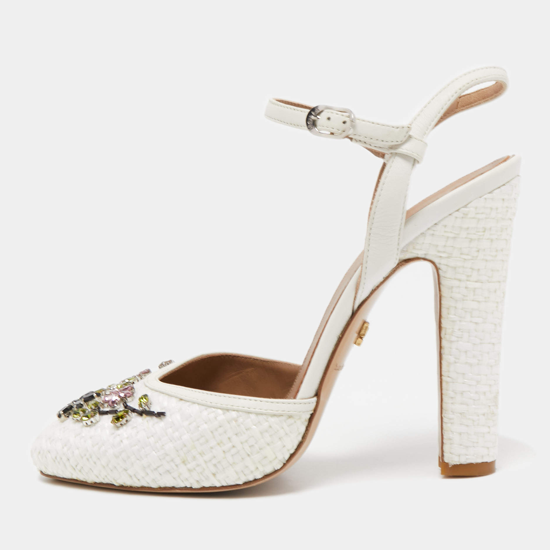 Pre Owned Le Silla White Woven Straw Leather Crystal Embellished Ankle Strap Sandals Size 40