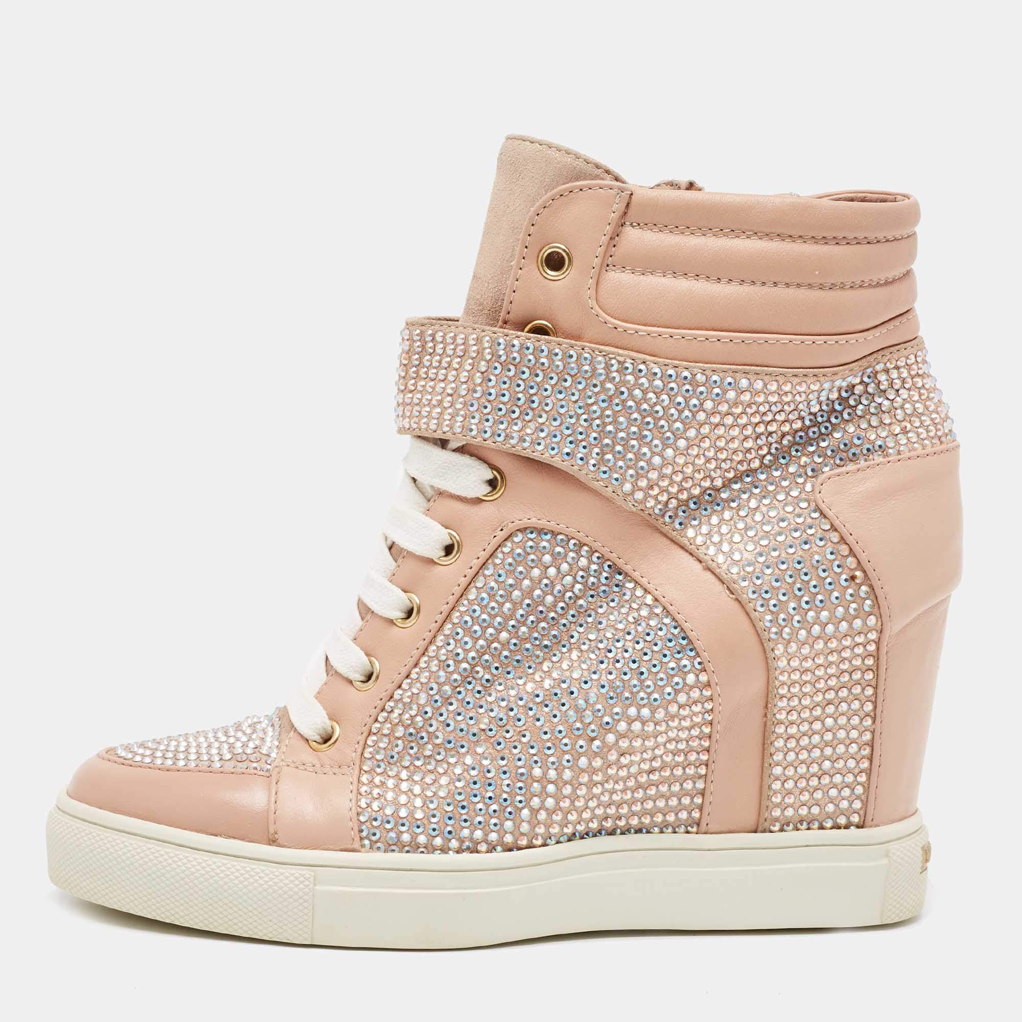 Pre Owned Le Silla Pink Crystal Embellished Leather Burma Wedge Sneakers Size 37