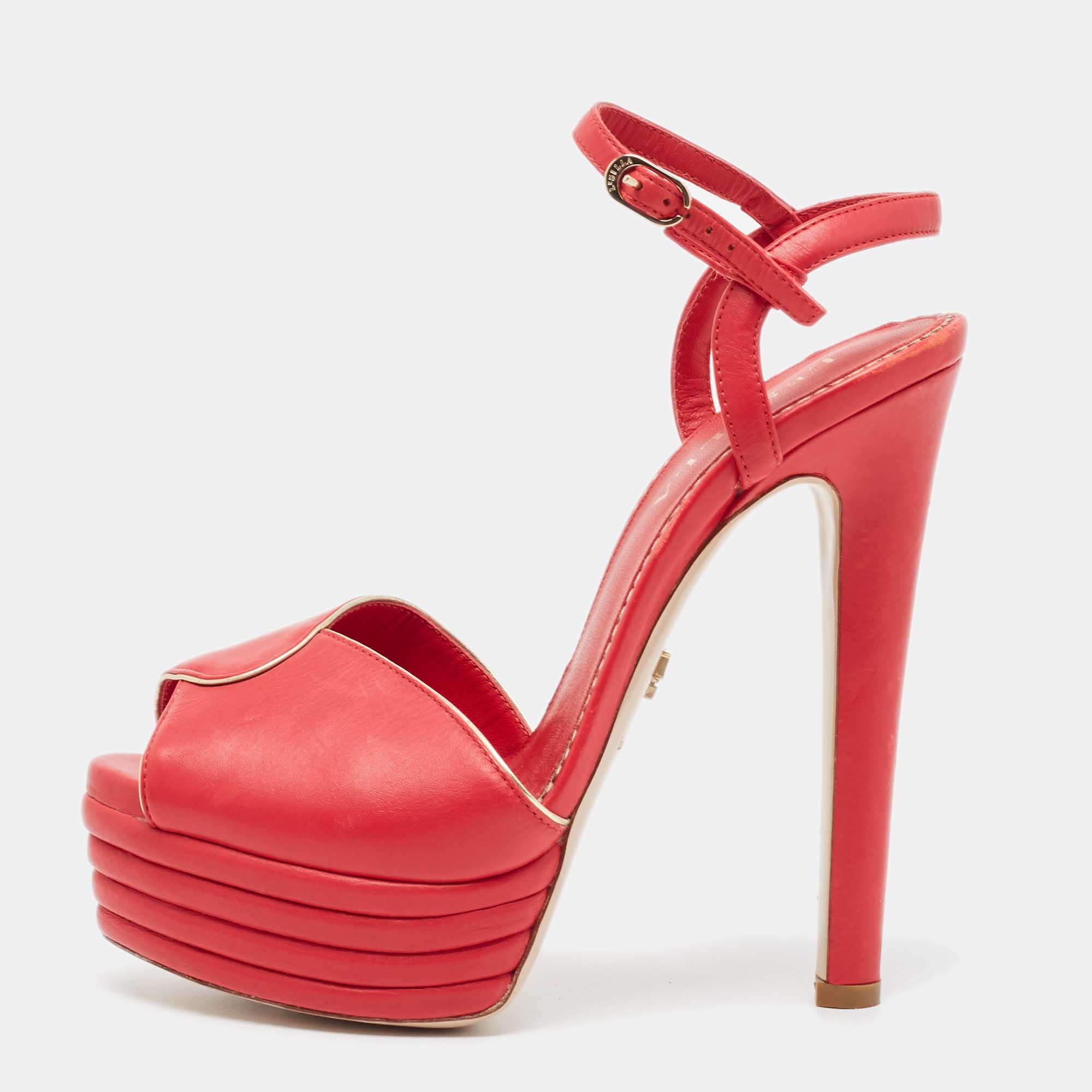 Le Silla Red Leather Peep Toe Platform Ankle Strap Sandals Size 37