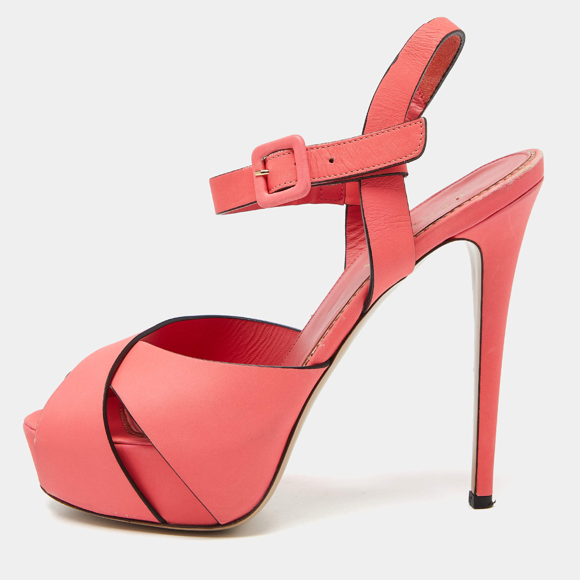 Pre Owned Le Silla Coral Pink Leather Ankle Strap Platform Sandals Size 39