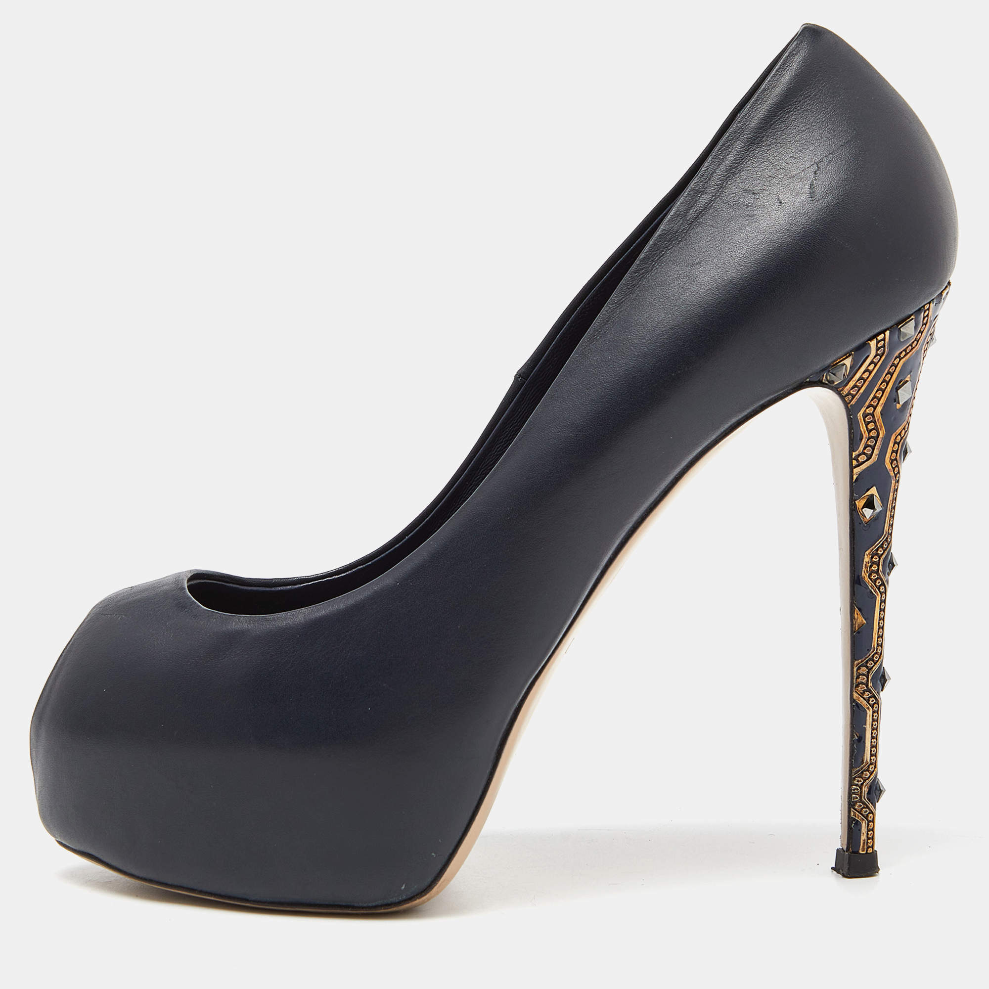 Pre Owned Le Silla Blue Leather Embellished Heel Peep Toe Pumps Size 37