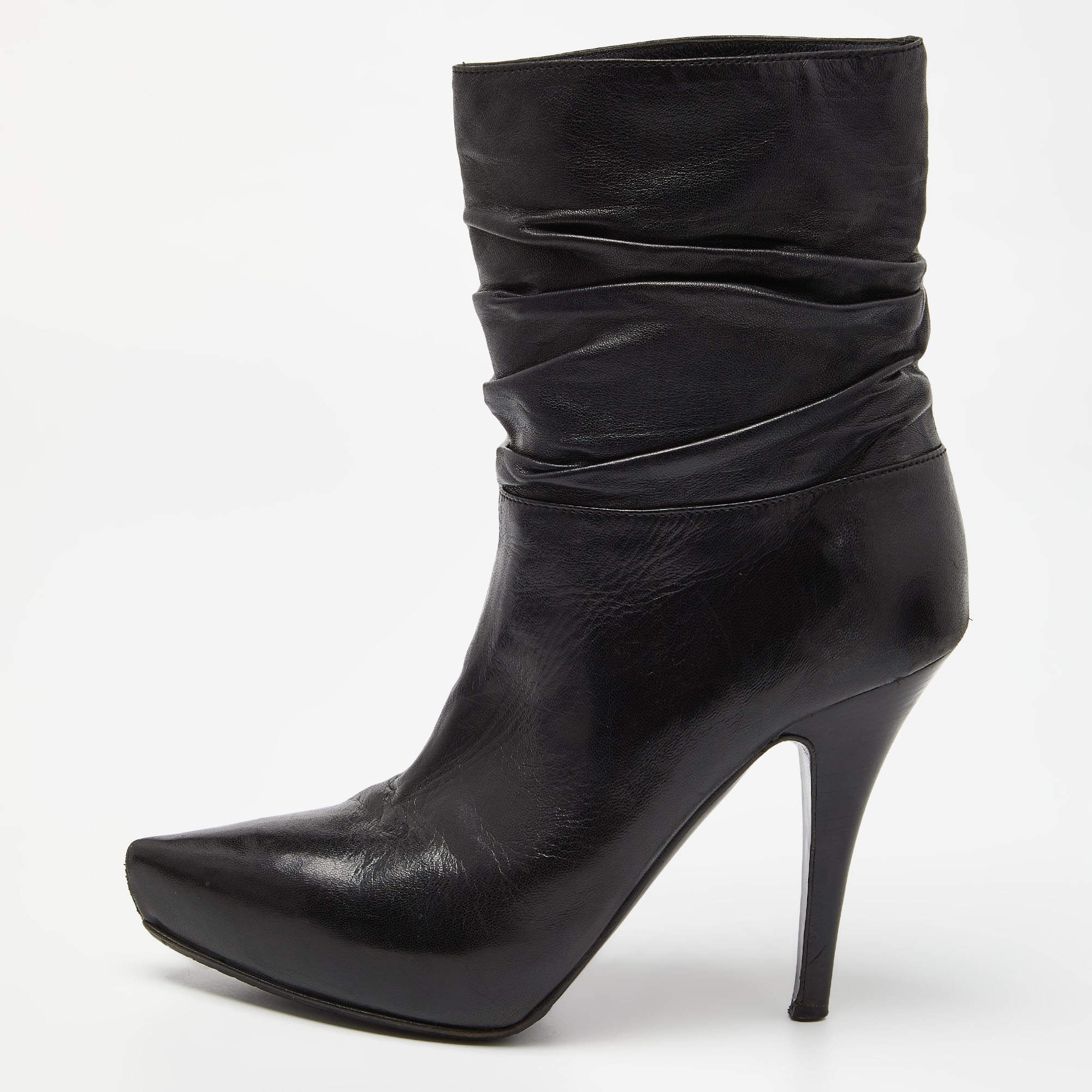 Le Silla Black Leather Rucched Detail Ankle Length Pointed Toe Boots Size 36.5