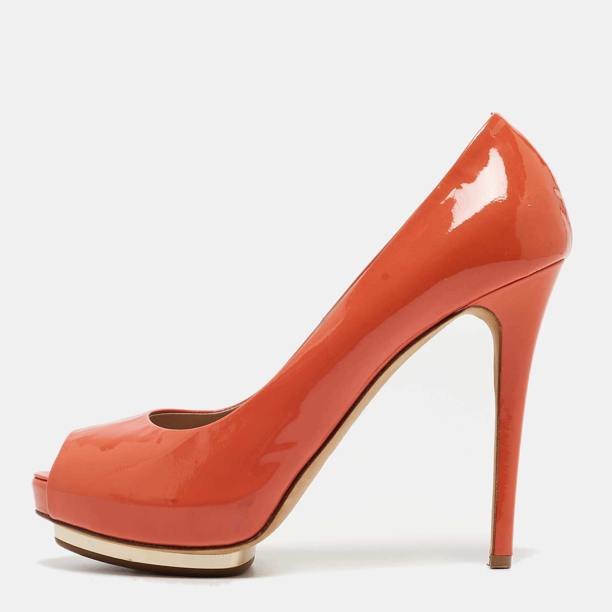 Le Silla Orange Patent Peep Toe Pumps Size 39.5