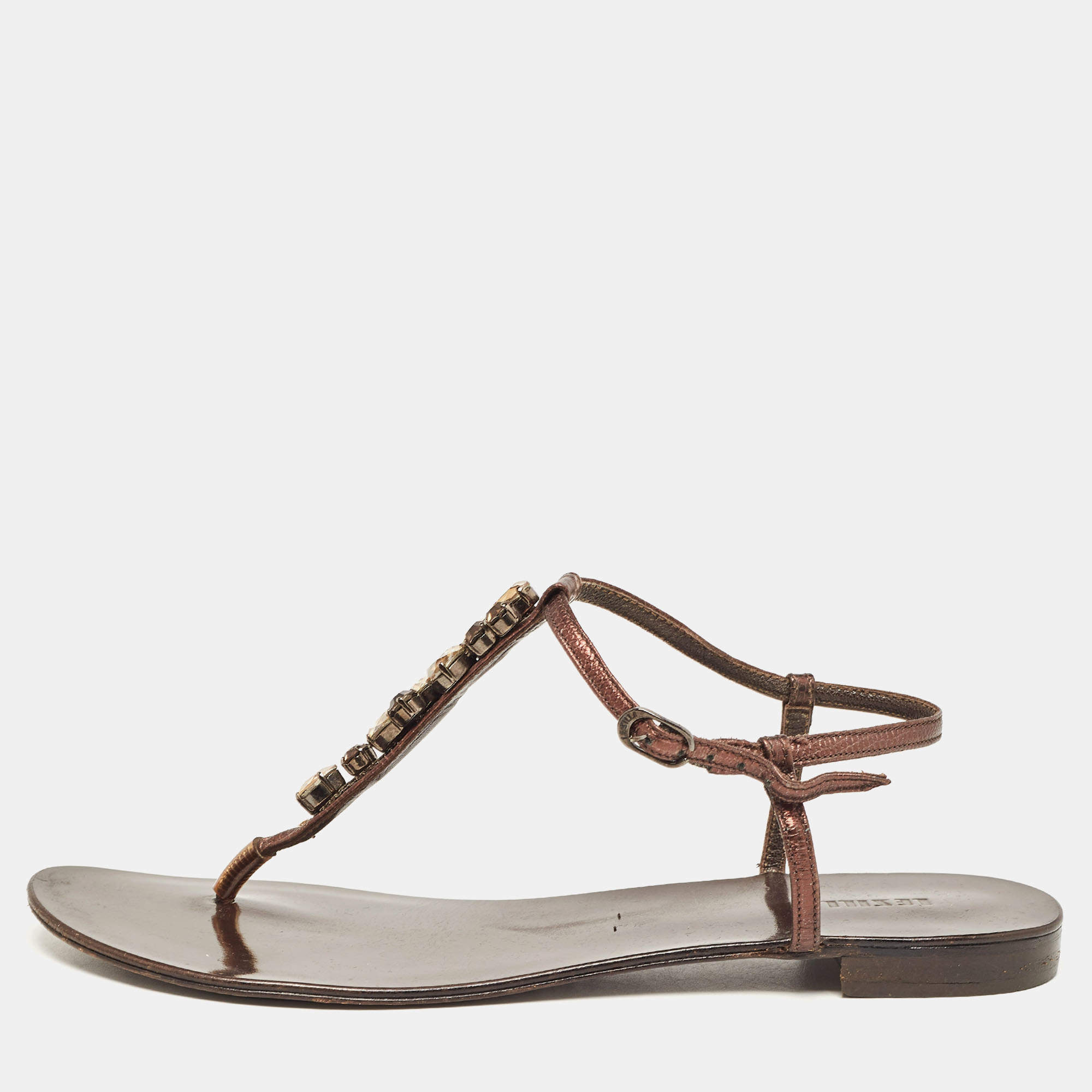 Pre Owned Le Silla Metallic Brown Leather Crystal Embellished Thong Flat Sandals Size 39.5