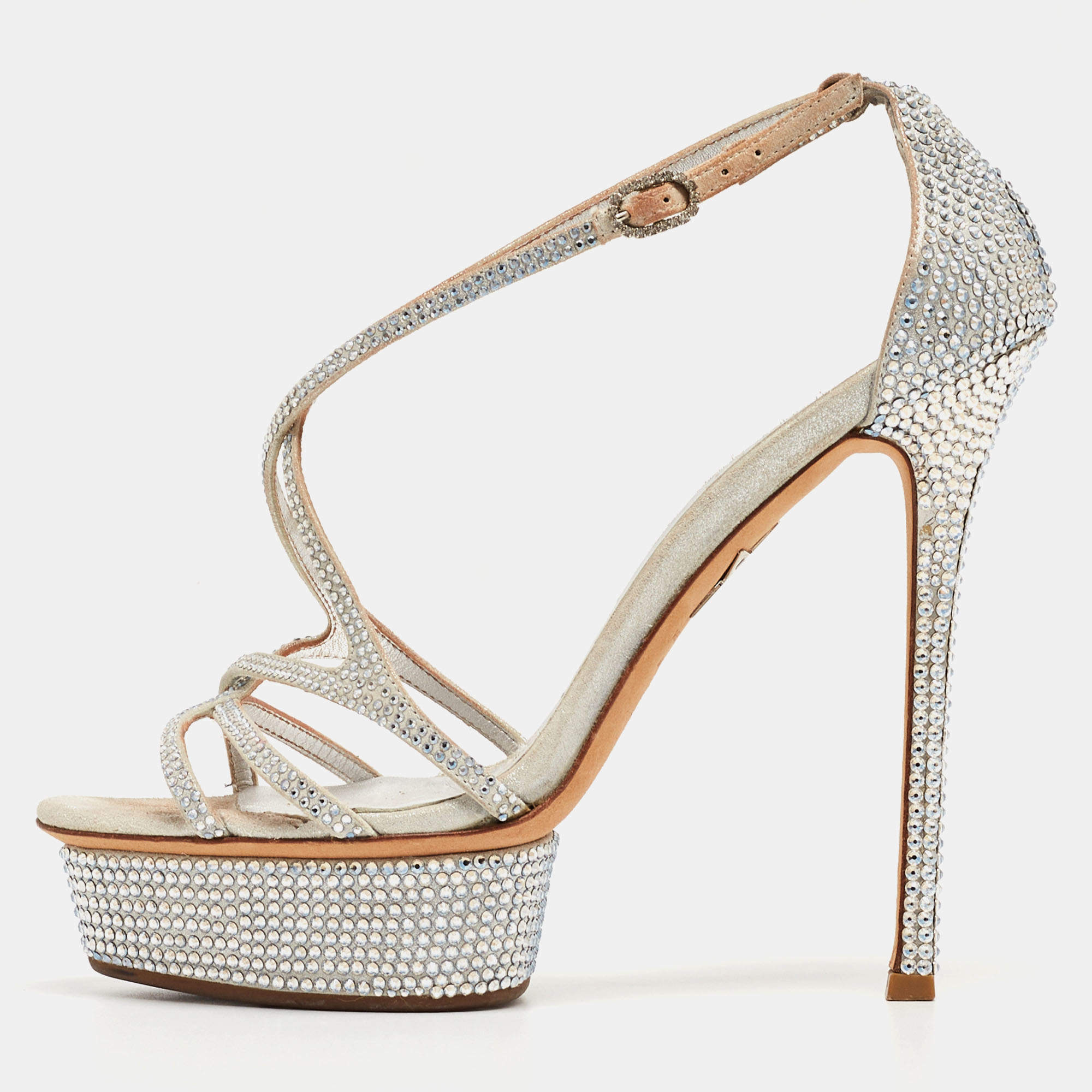 Le Silla Silver Leather and Crystal Embellished Criss Cross Strap Platform Sandals Size 37