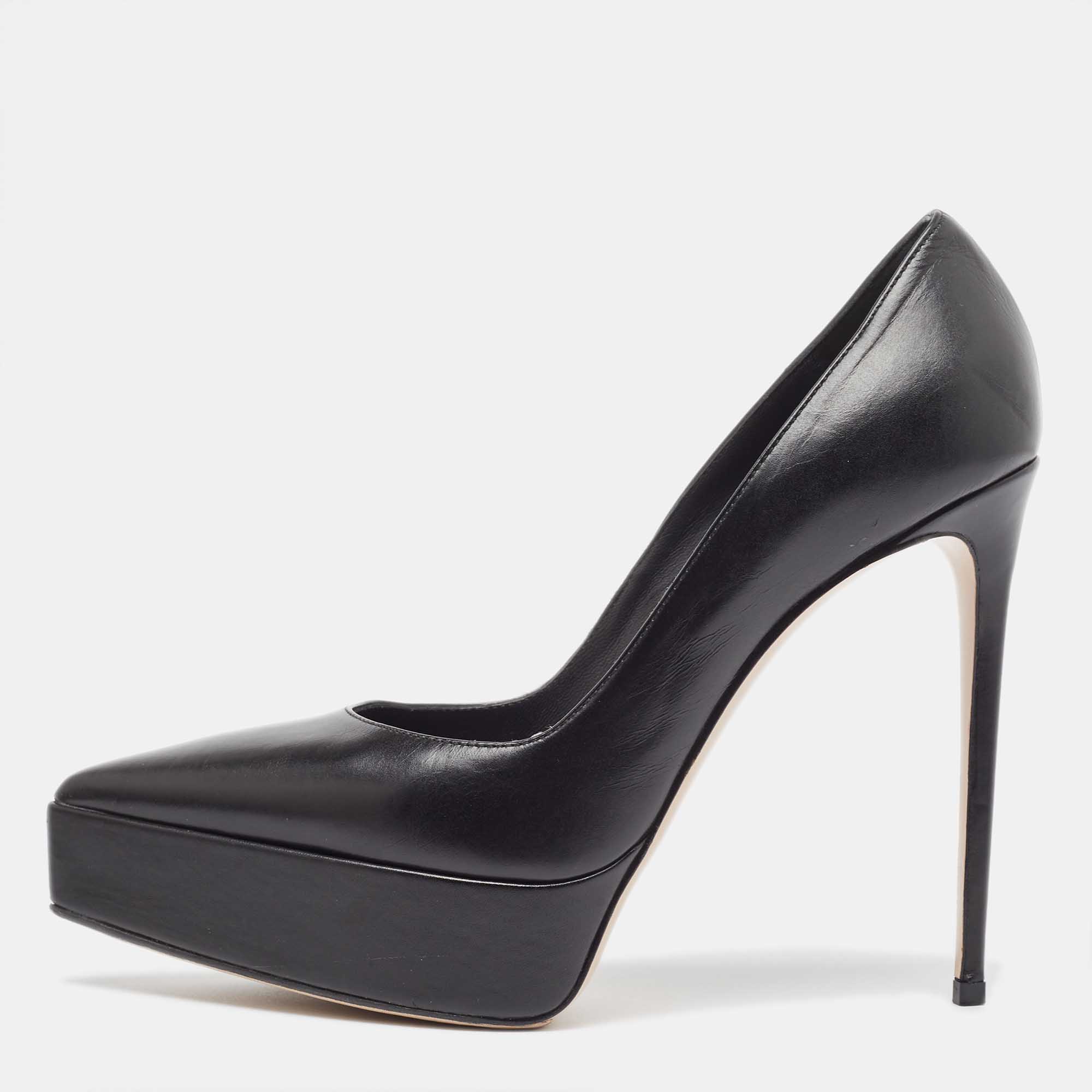 Pre Owned Le Silla Black Leather Platform Pointed Toe Pumps Size 38.5