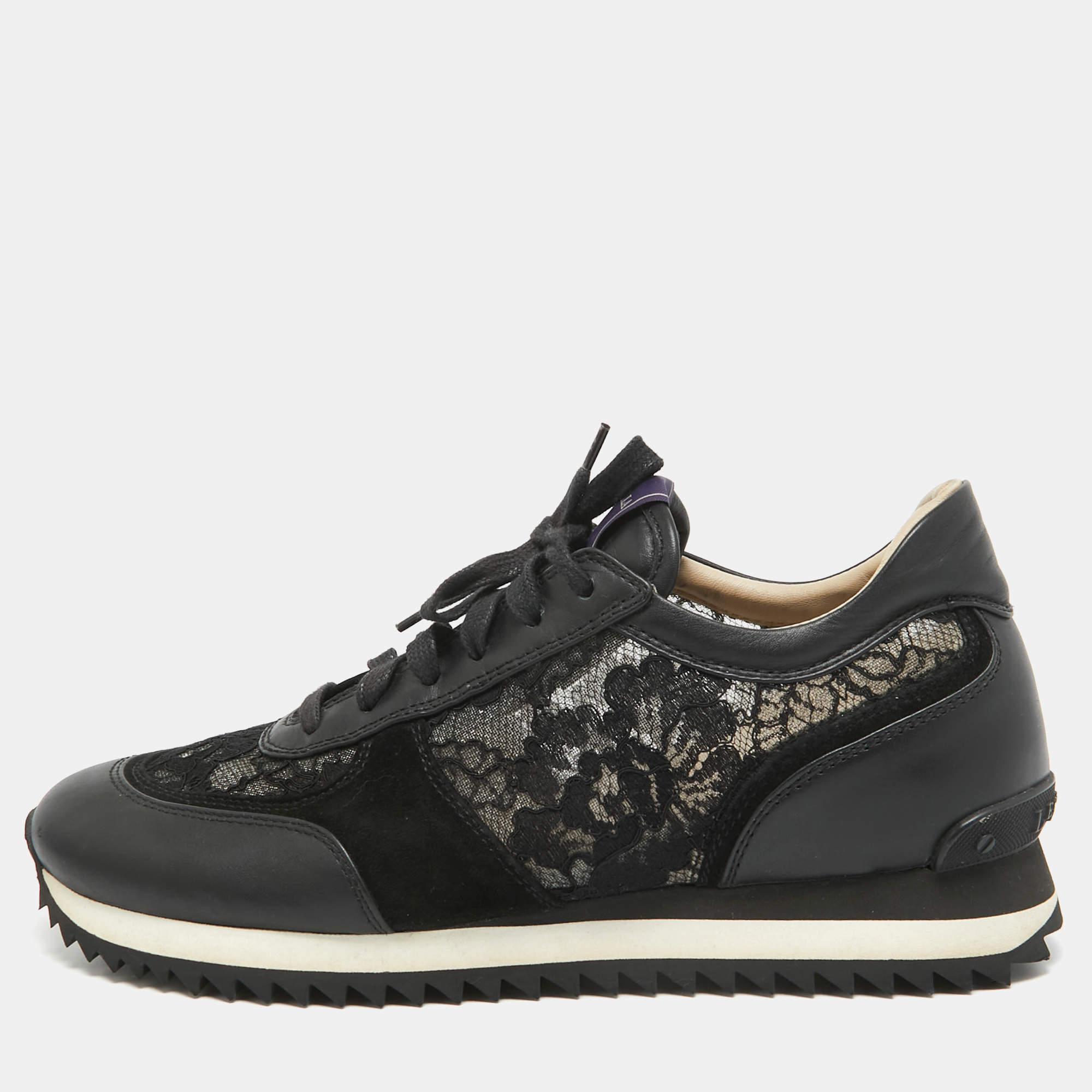 Le Silla Black Leather and Lace Low Up Sneakers Size 39.5