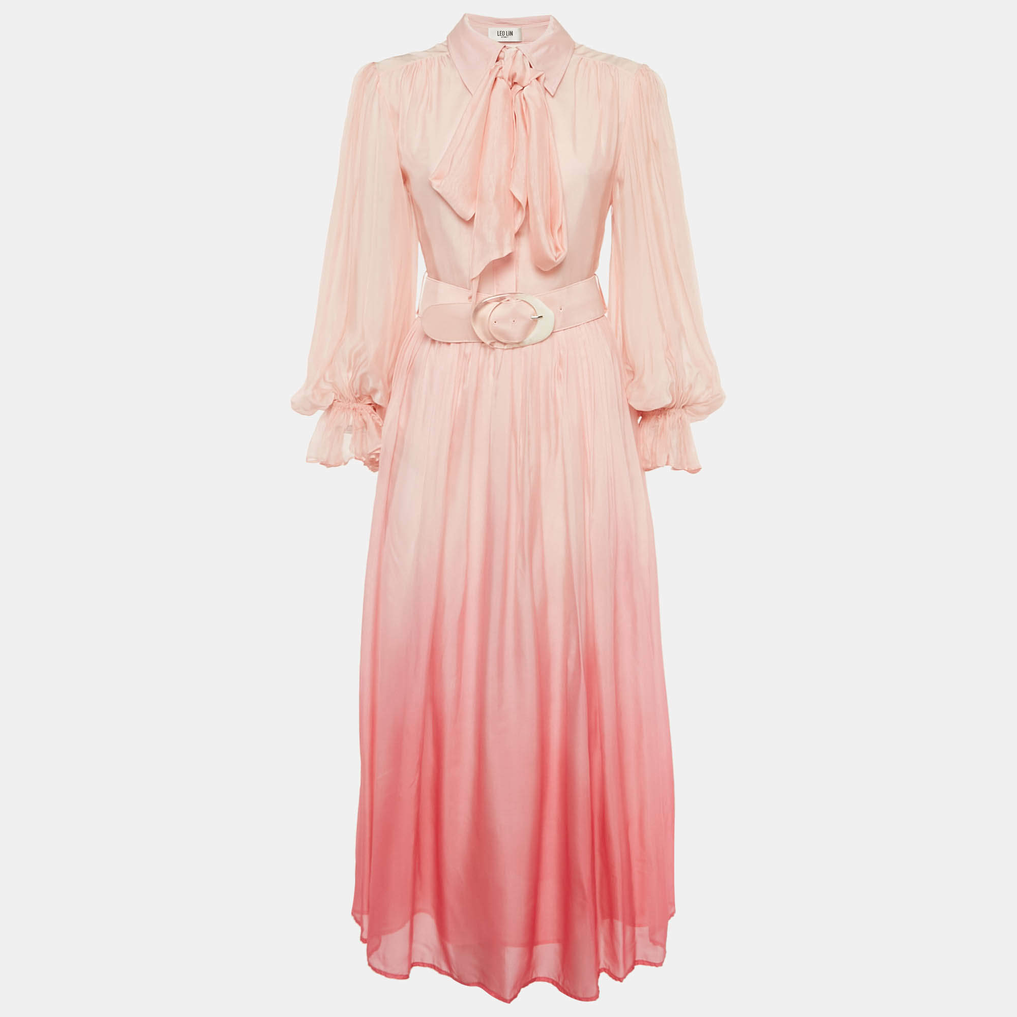 Pre Owned فستان ميدي ليو لين حرير مزيج أومبري وردي بتفاصيل ربطة عنق وحزام قماش ققاس صغير - سمول