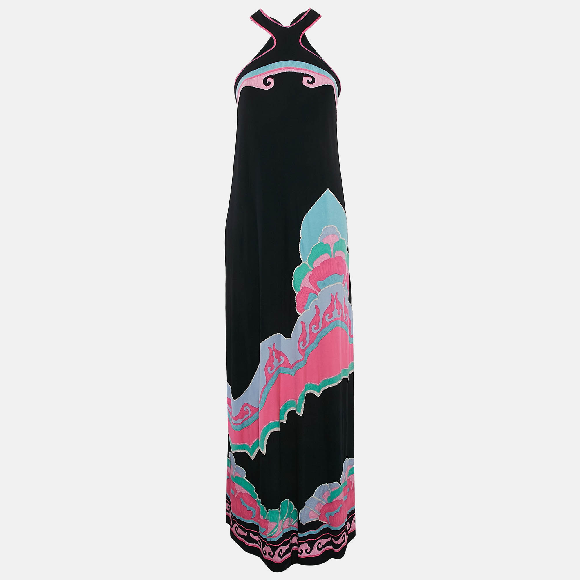 Pre Owned Leonard Paris Black Printed Silk Jersey Sleeveless Maxi Dress S