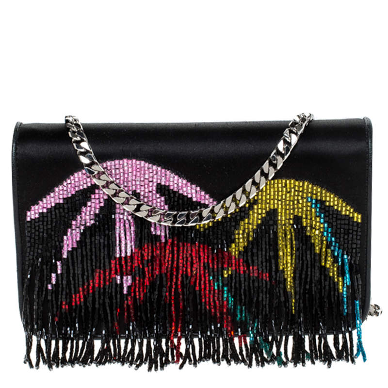Les Petits Joueurs Black Ginny Palms Fringe Chain Clutch