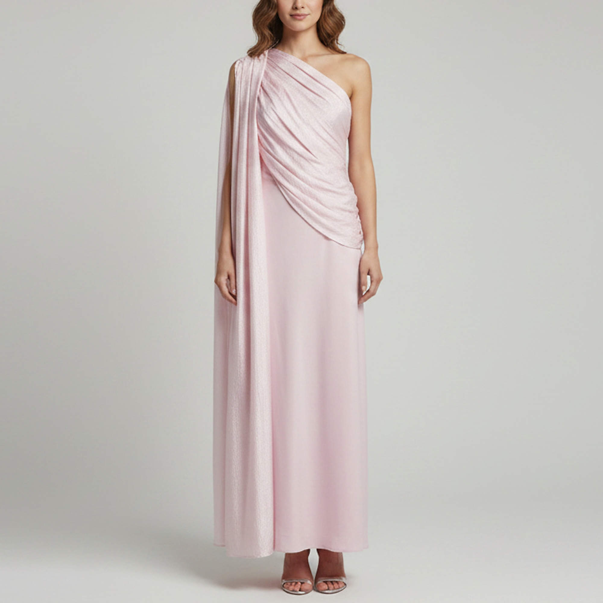 Pre Owned The One By Lichi Pink Crinkle Crepe One Shoulder Draped Maxi Dress M 