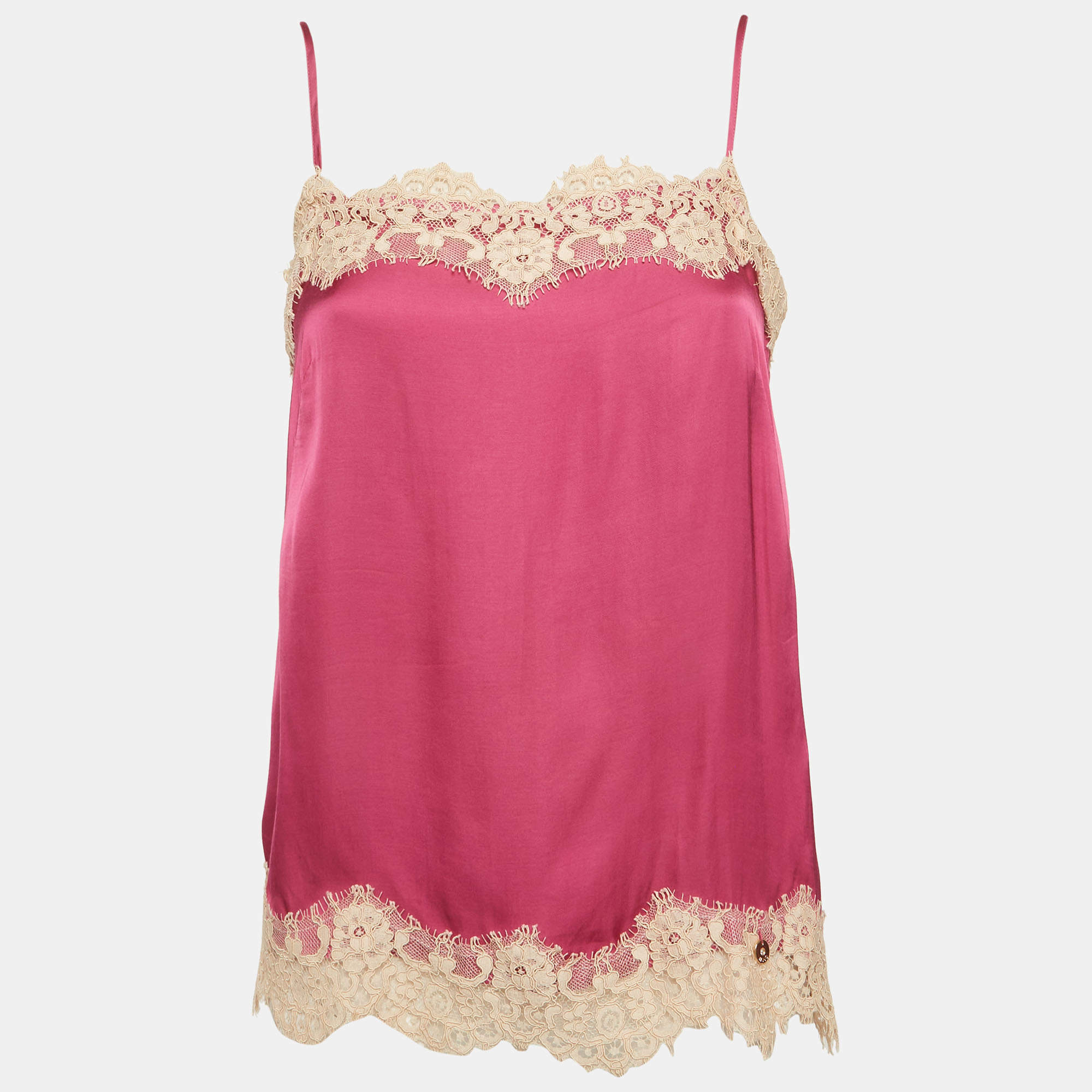 Pre Owned Liu Jo Pink Satin Lace Trim Cami Top S