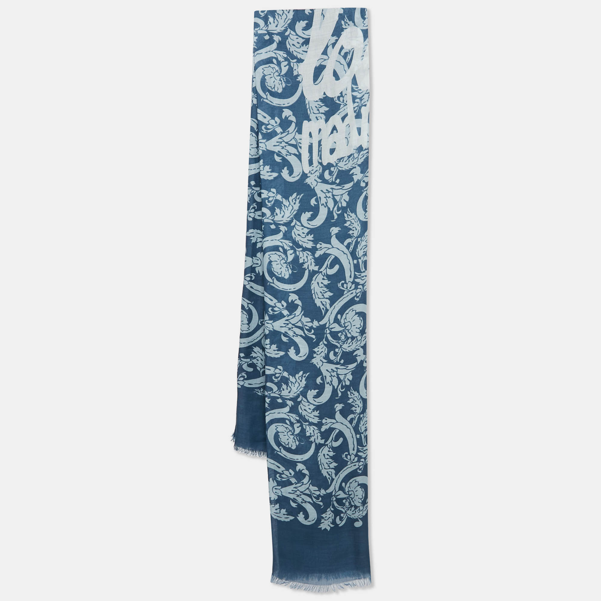 Loewe Blue Print Cotton and Cashmere Fringed Scarf
