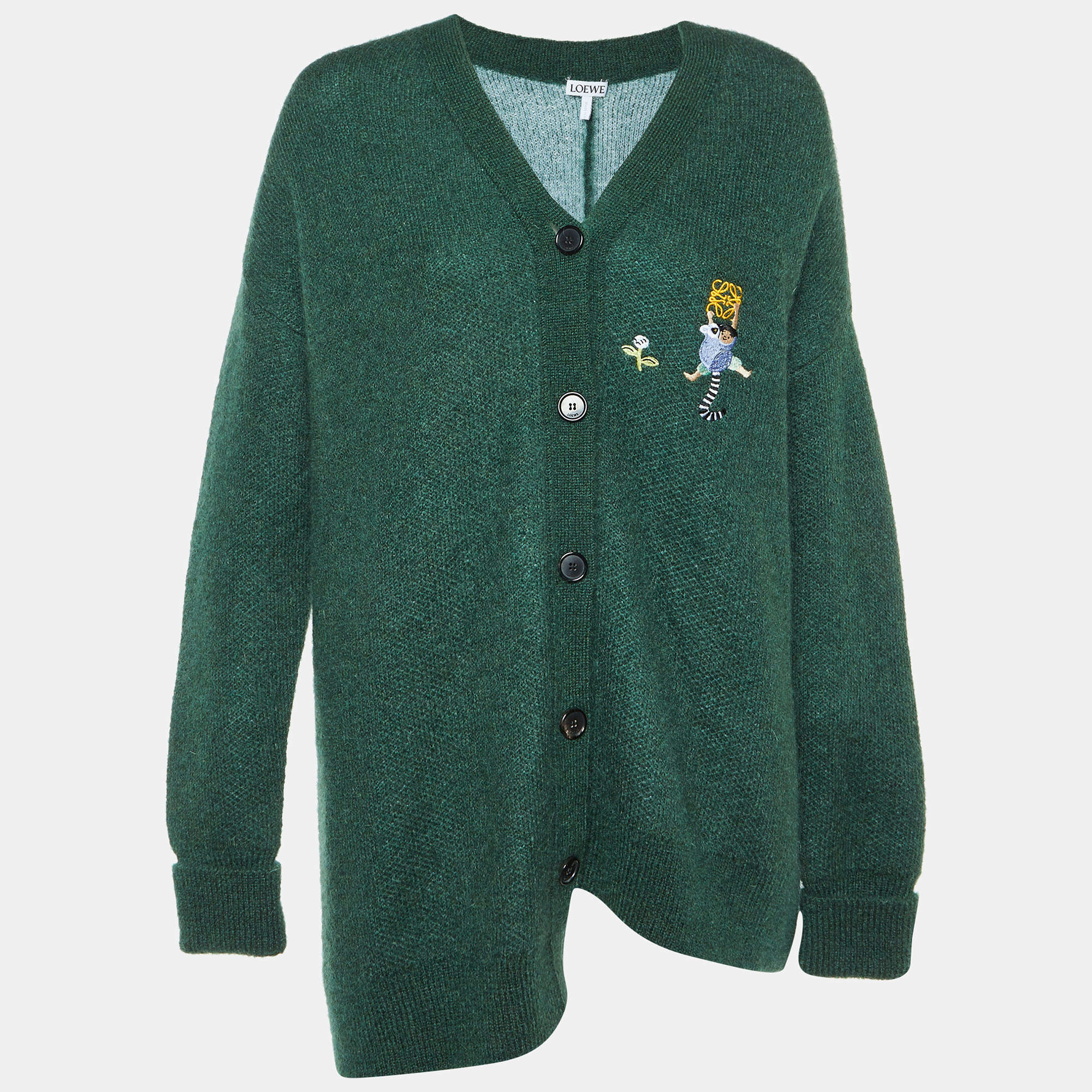 Pre Owned Loewe Green Embroidered Mohair Blend Asymmetric Oversized Cardigan XS