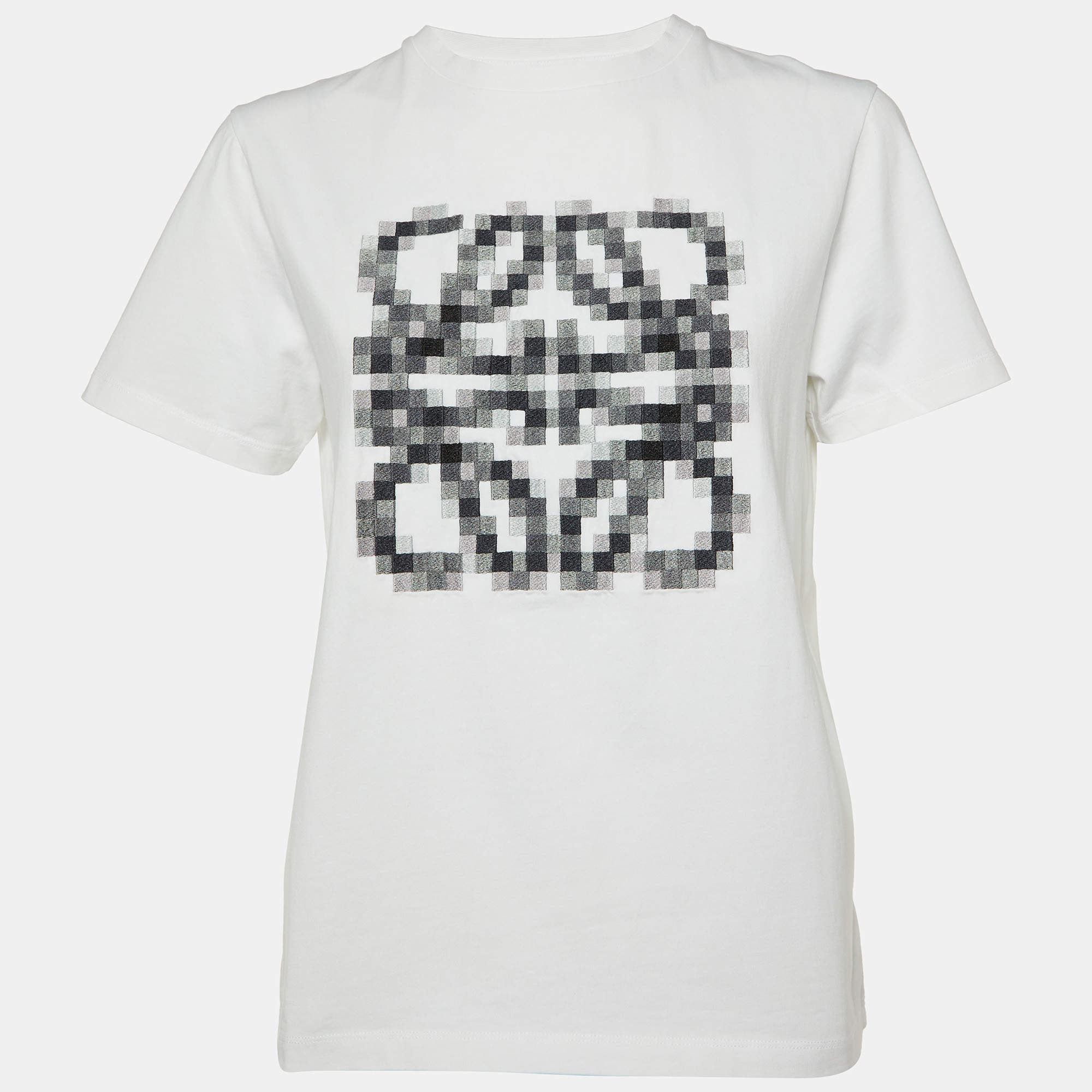 Pre Owned Loewe White Pixelated Anagram Embroidery Cotton Crew Neck T-Shirt S