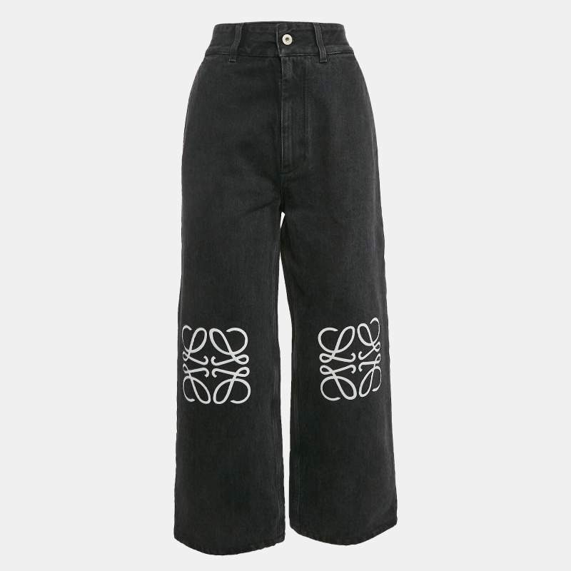 Pre Owned Loewe Black Denim Logo Debossed Wide Leg Jeans S Waist 28"