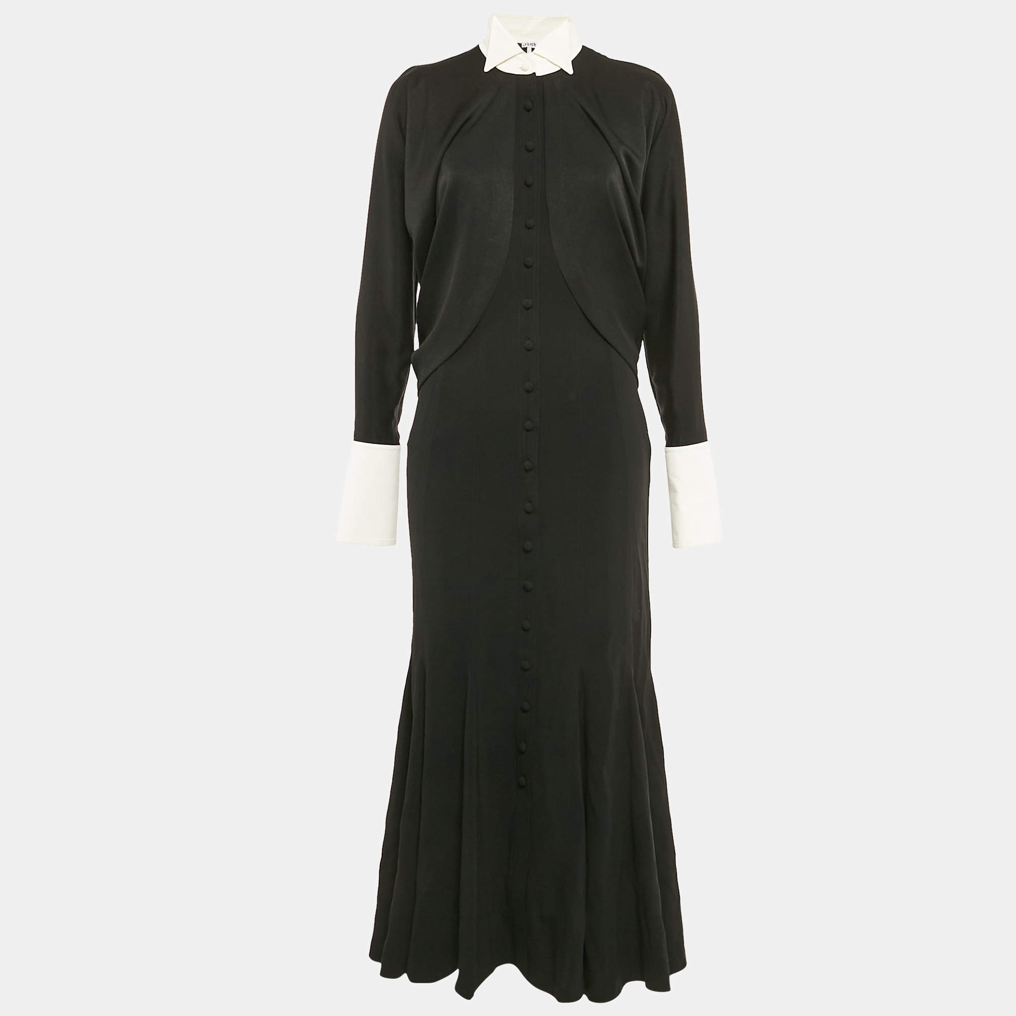 Pre Owned Loewe Black Crepe Button Front Faux Cape Long Dress S