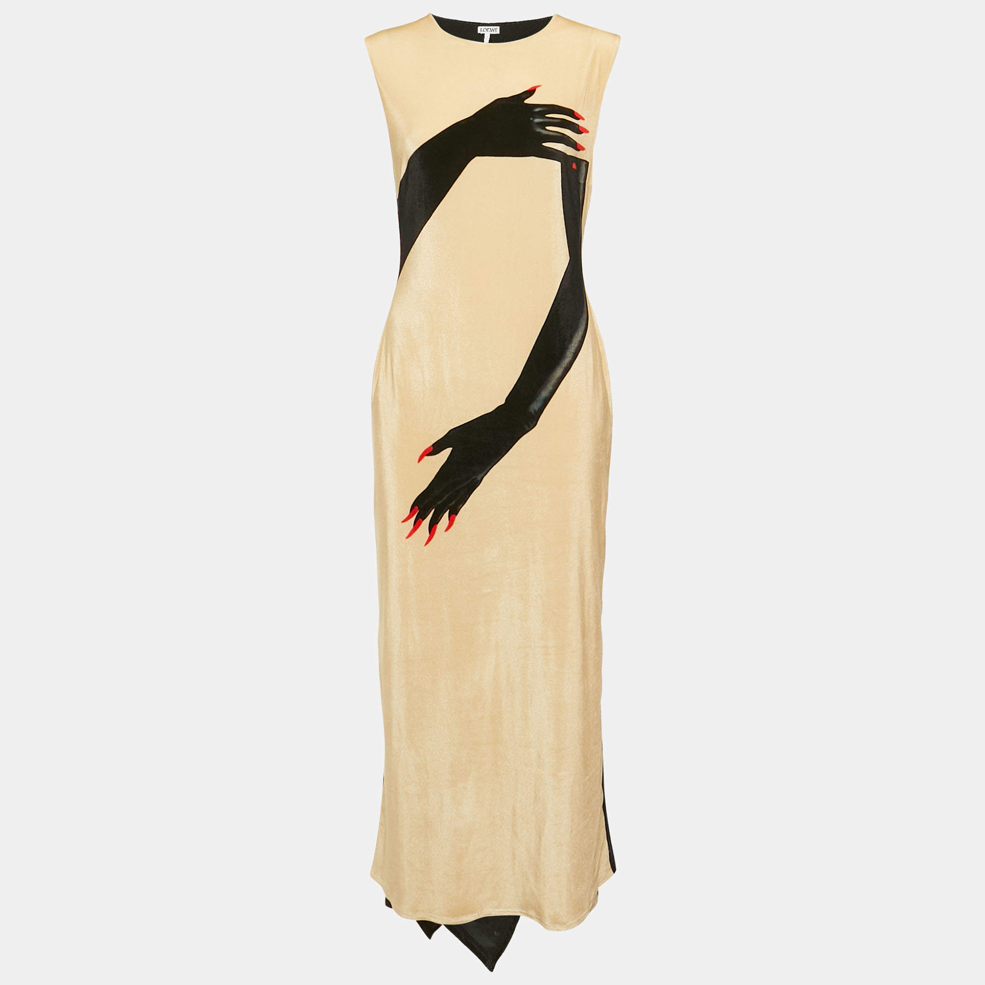 Pre Owned Loewe Beige/Black Gloves Print Velvet Asymmetric Midi Dress S