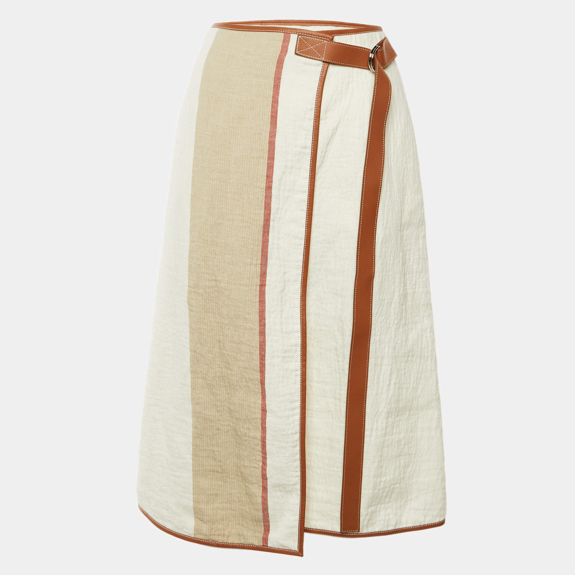 Pre Owned Loewe White Linen & Leather Trim Belted Midi Skirt L