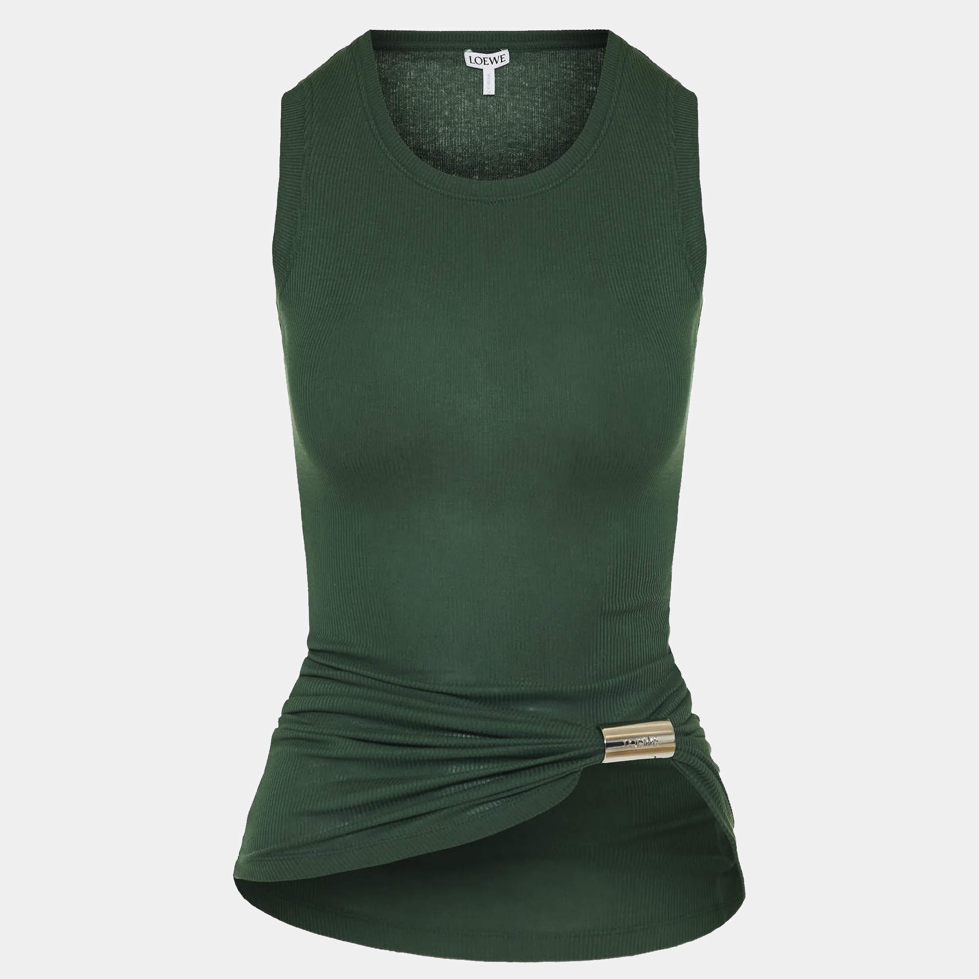 Pre Owned Loewe Green Logo Clasp Rib Knit Draped Tank Top XS