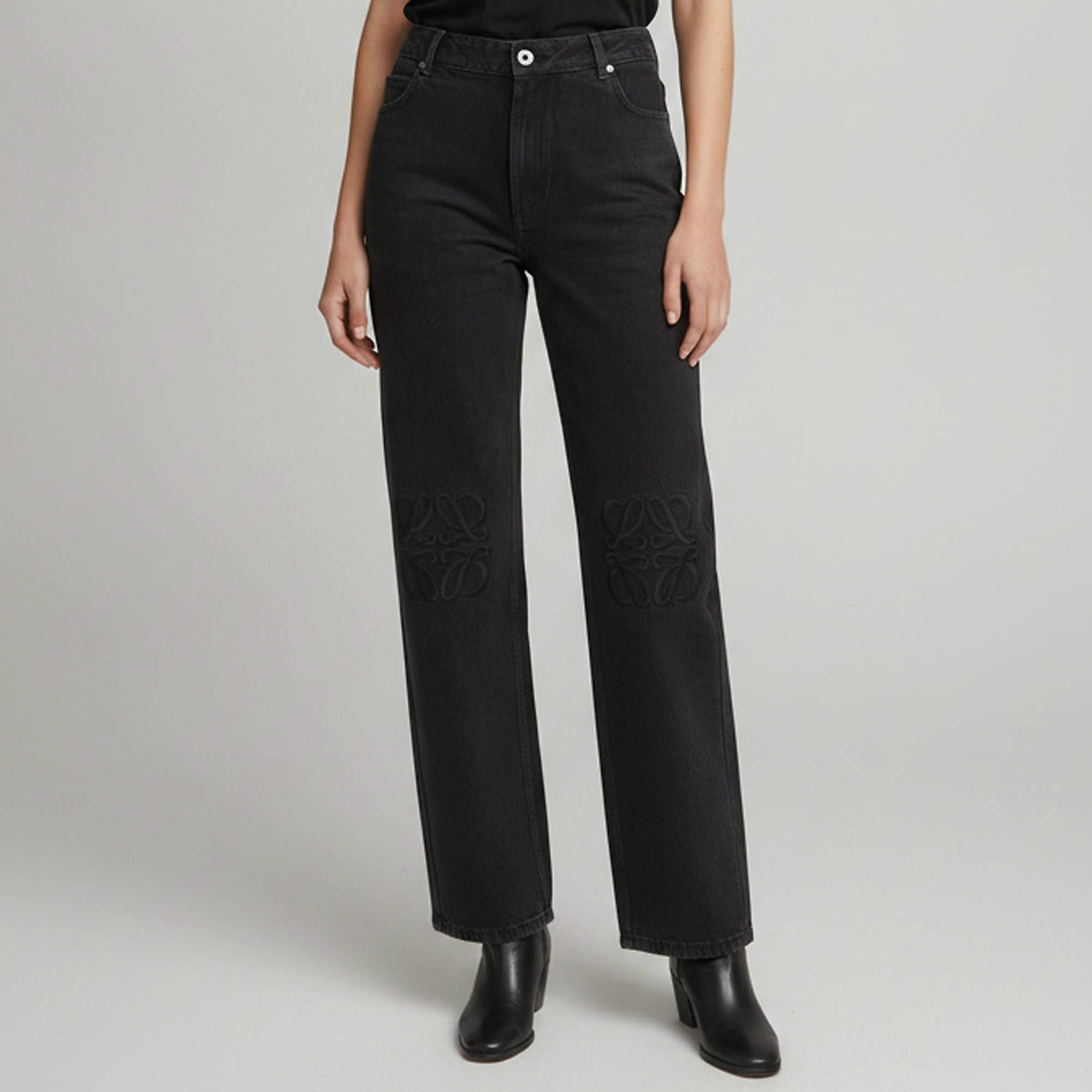 Pre Owned Loewe Black Anagram Embroidered Denim Baggy Jeans L/Waist 32"